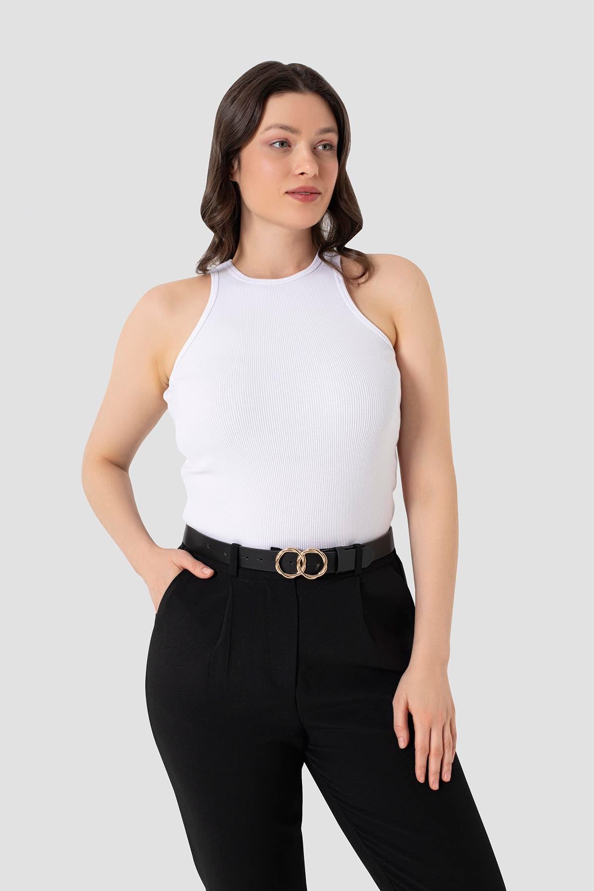 Kadın Pamuklu Fitilli Görünümlü Halter Yaka Basic Beyaz Atlet 2'li Paket