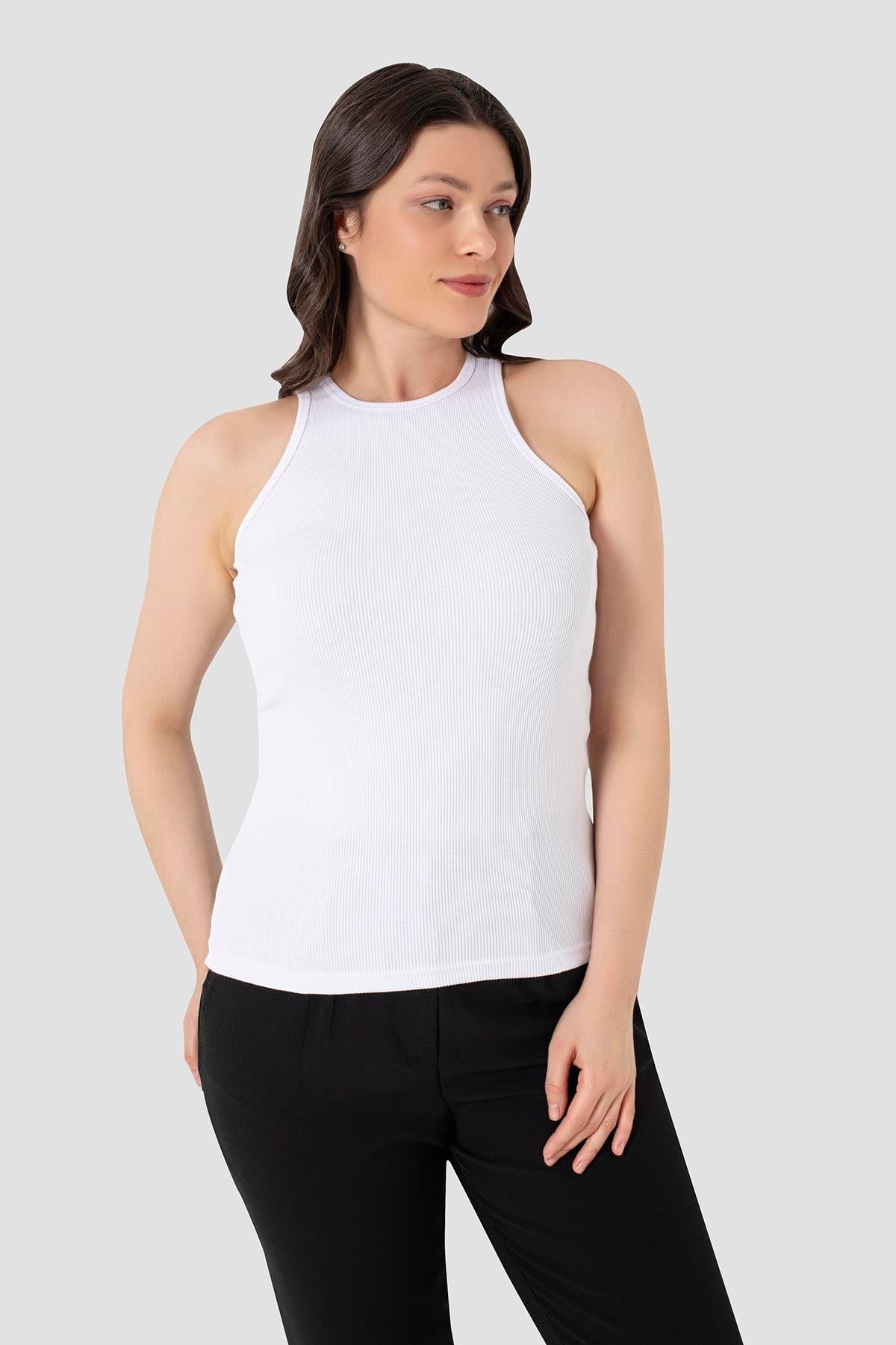 Kadın Pamuklu Fitilli Görünümlü Halter Yaka Basic Beyaz Atlet