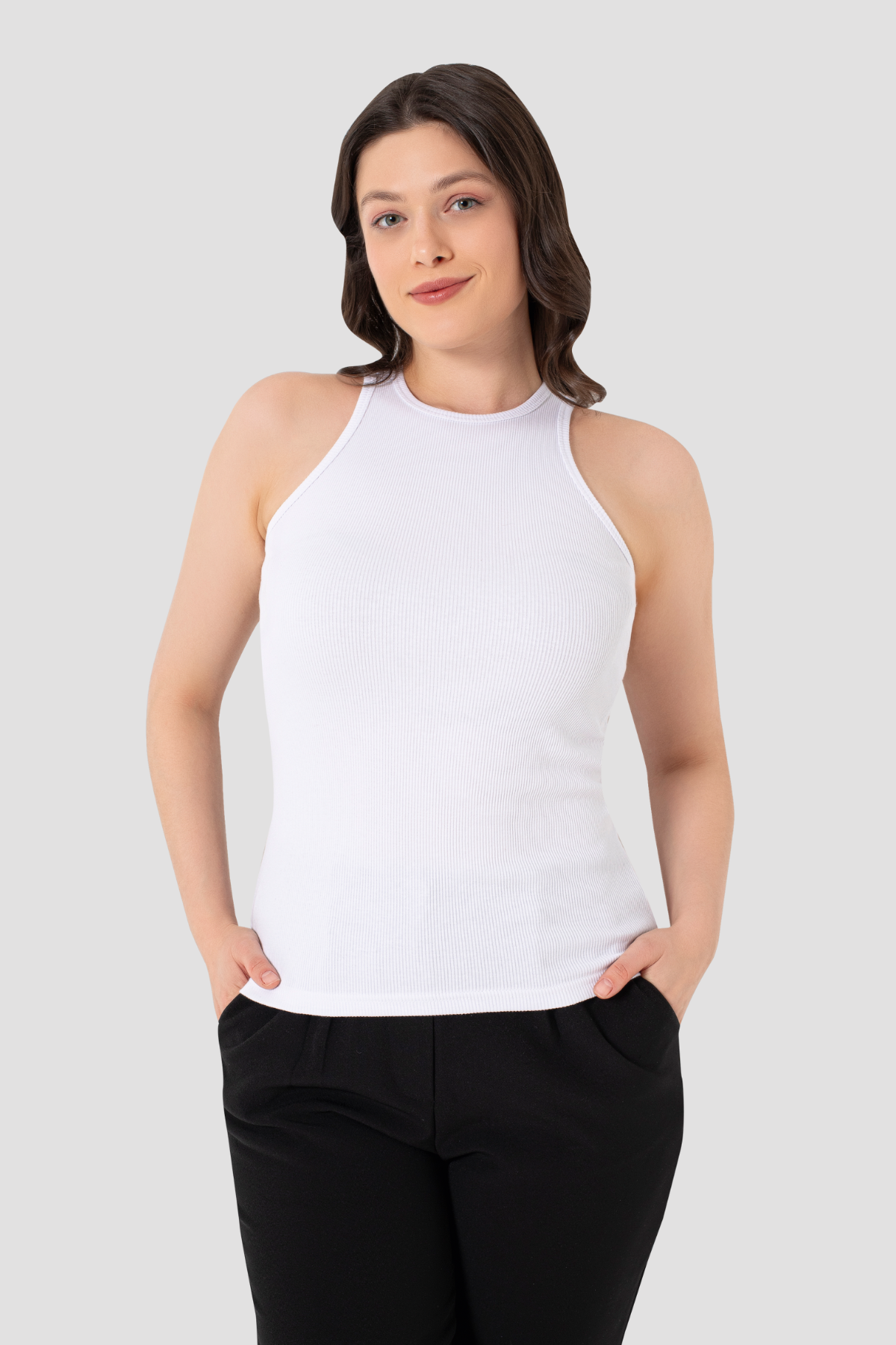 Kadın Pamuklu Fitilli Görünümlü Halter Yaka Basic Beyaz Atlet