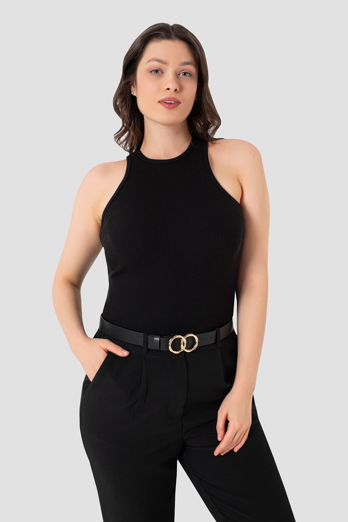 Kadın Pamuklu Fitilli Görünümlü Halter Yaka Basic Siyah - Beyaz Atlet 2'li Paket