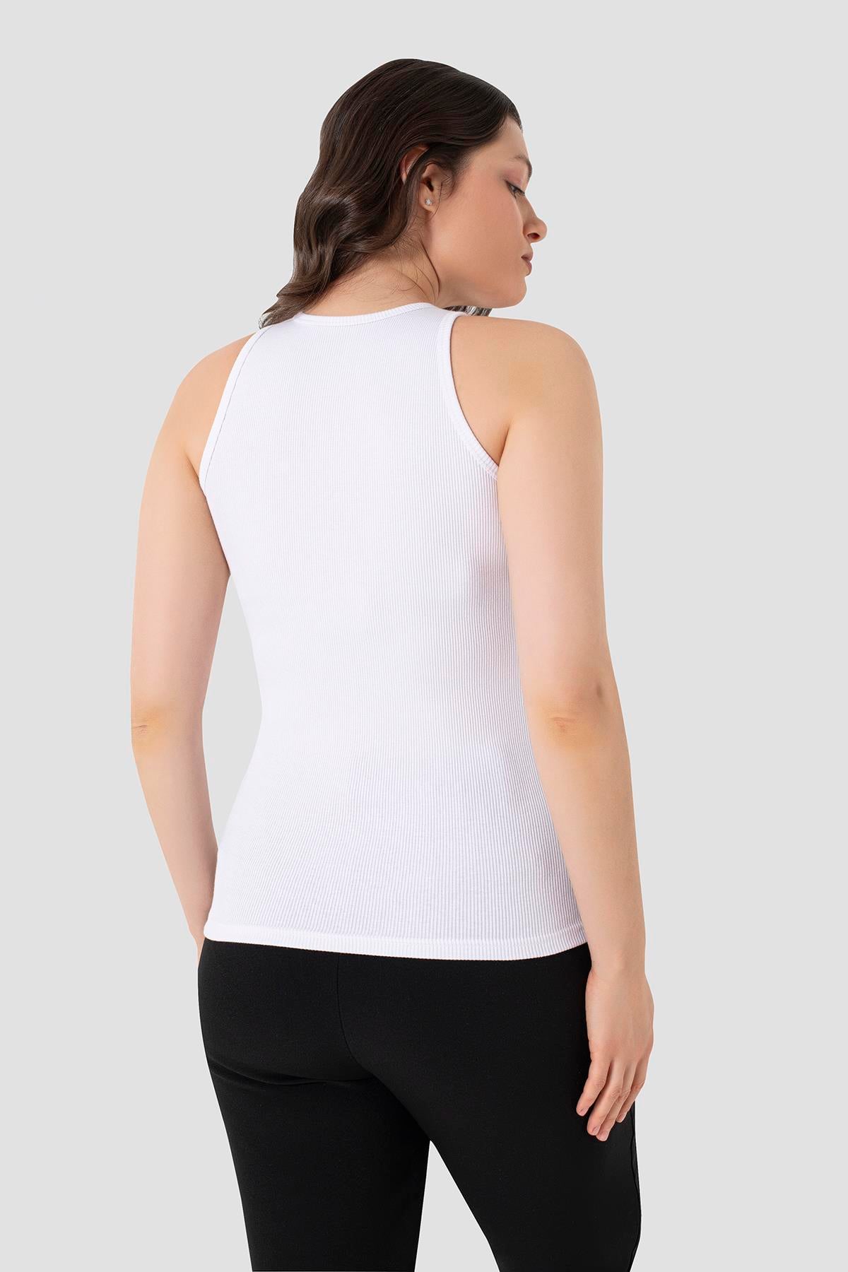 Kadın Pamuklu Fitilli Görünümlü Halter Yaka Basic Beyaz Atlet 2'li Paket