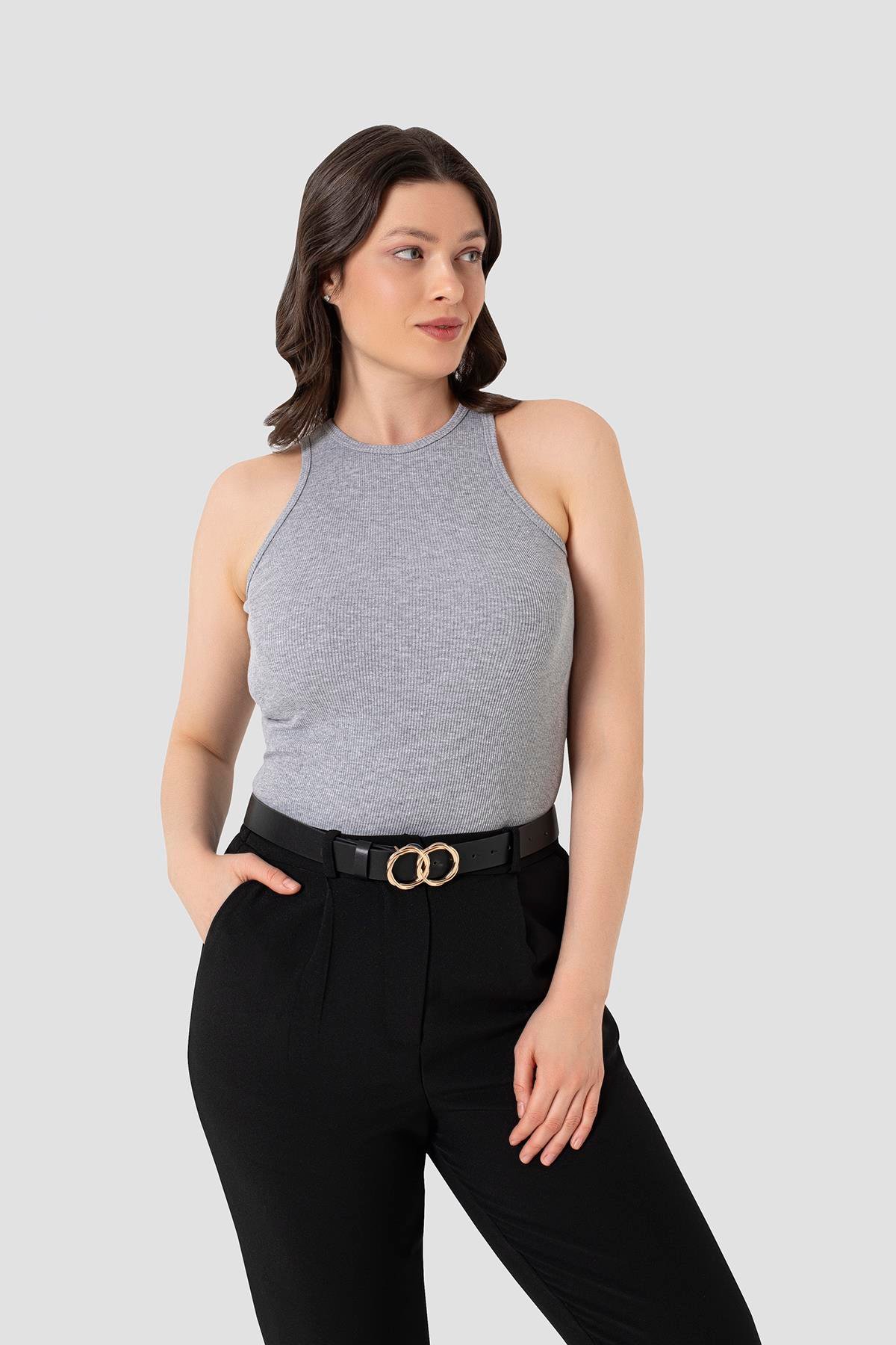 Kadın Pamuklu Fitilli Görünümlü Halter Yaka Basic Gri Atlet 2'li Paket