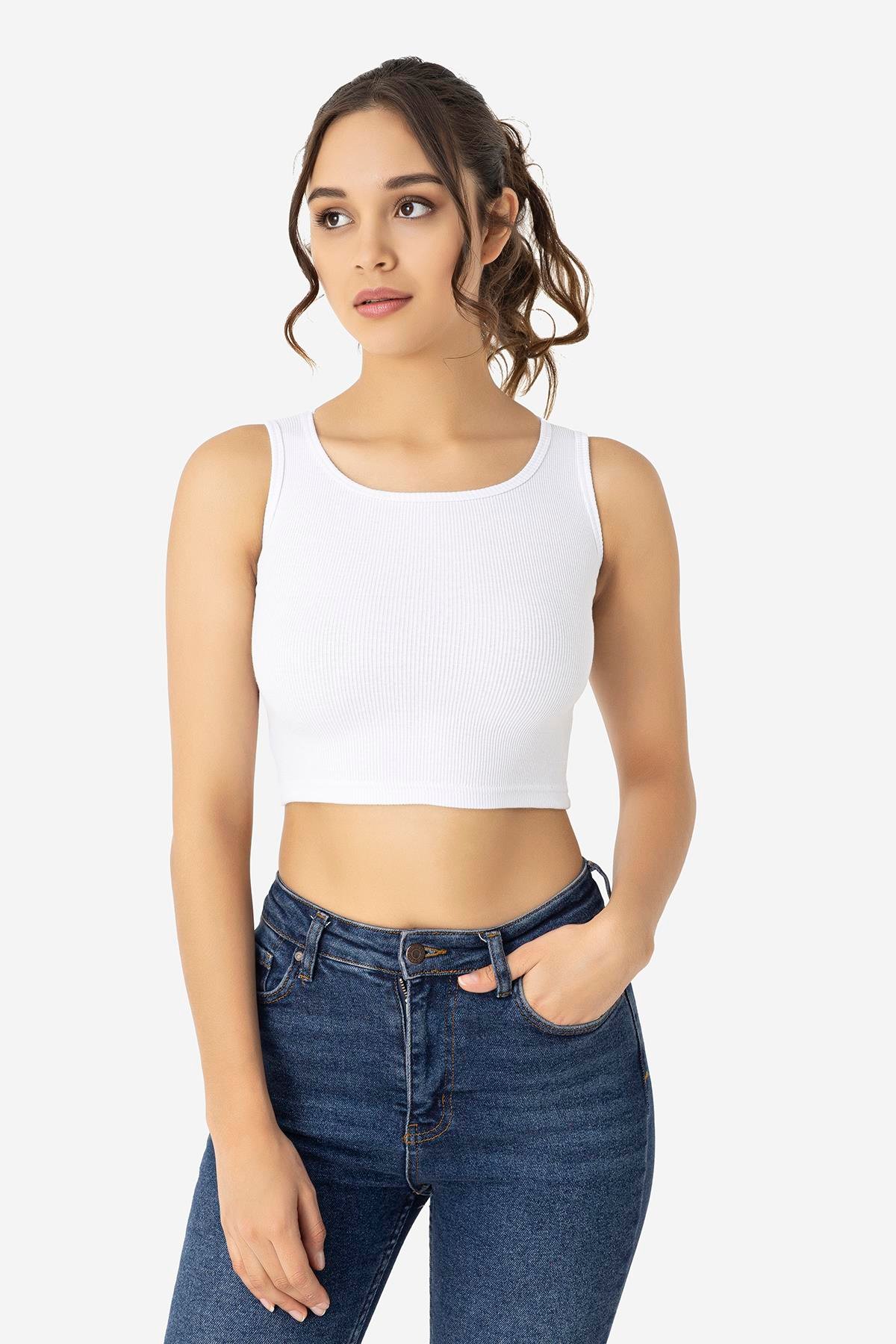 Kadın Pamuklu Fitilli Halter Yaka Kalın Askılı Crop Beyaz