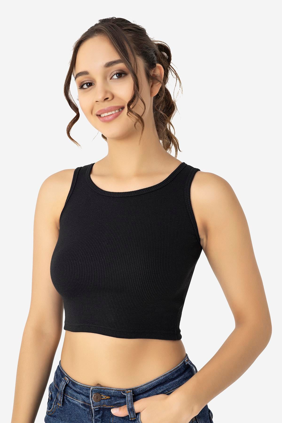 Kadın Pamuklu Fitilli Halter Yaka Kalın Askılı Crop Beyaz Siyah 2'li Paket