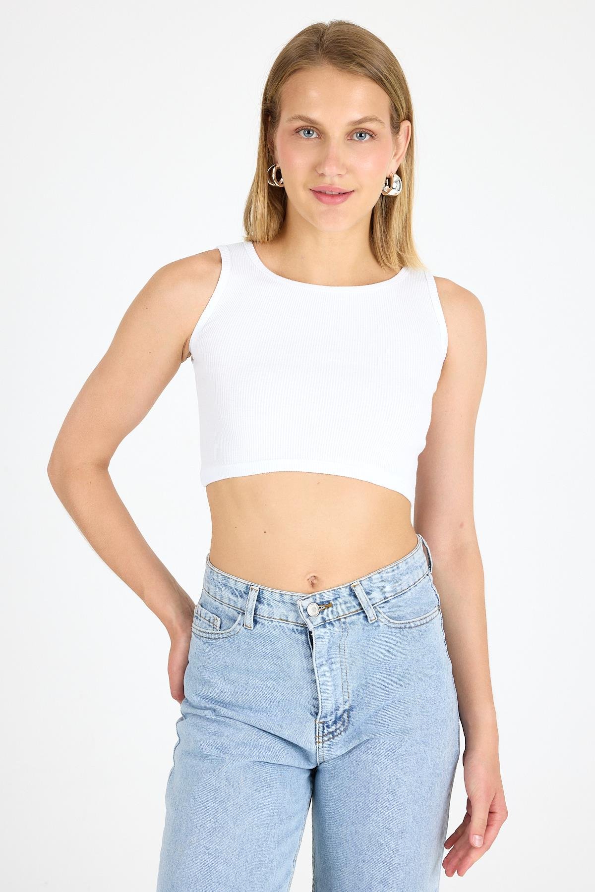 Kadın Pamuklu Fitilli Halter Yaka Kalın Askılı Crop Büstiyer Beyaz