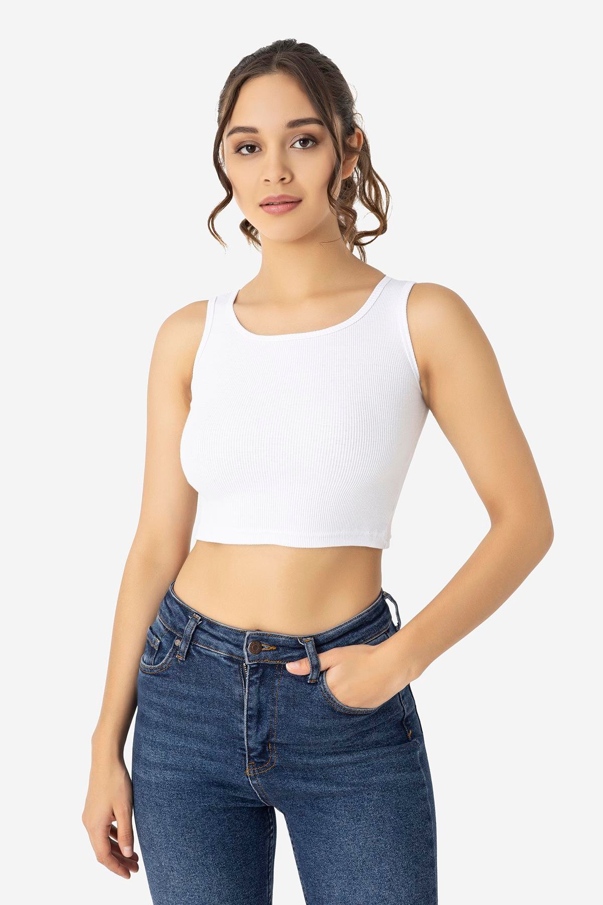Kadın Pamuklu Fitilli Halter Yaka Kalın Askılı Crop Beyaz Siyah 2'li Paket