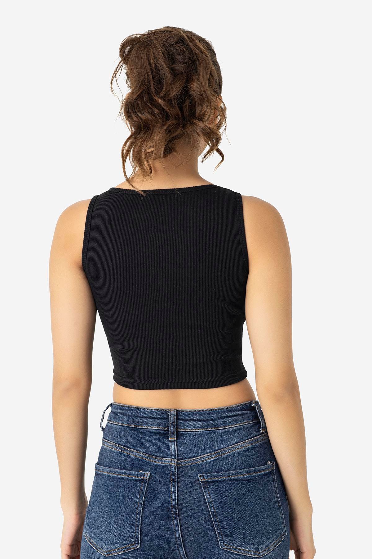 Kadın Pamuklu Fitilli Halter Yaka Kalın Askılı Crop Siyah
