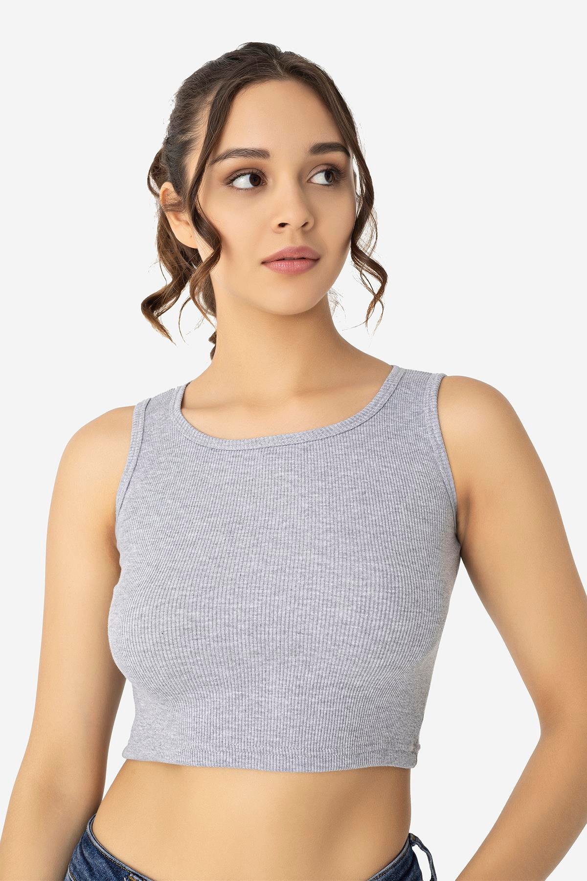Kadın Pamuklu Fitilli Halter Yaka Kalın Askılı Crop Gri
