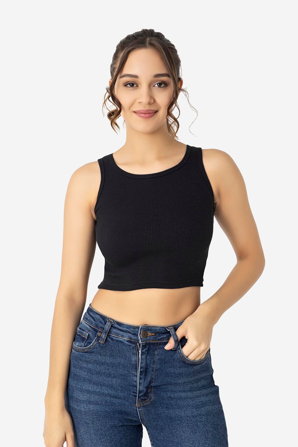 Kadın Pamuklu Fitilli Halter Yaka Kalın Askılı Crop Beyaz Siyah 2'li Paket