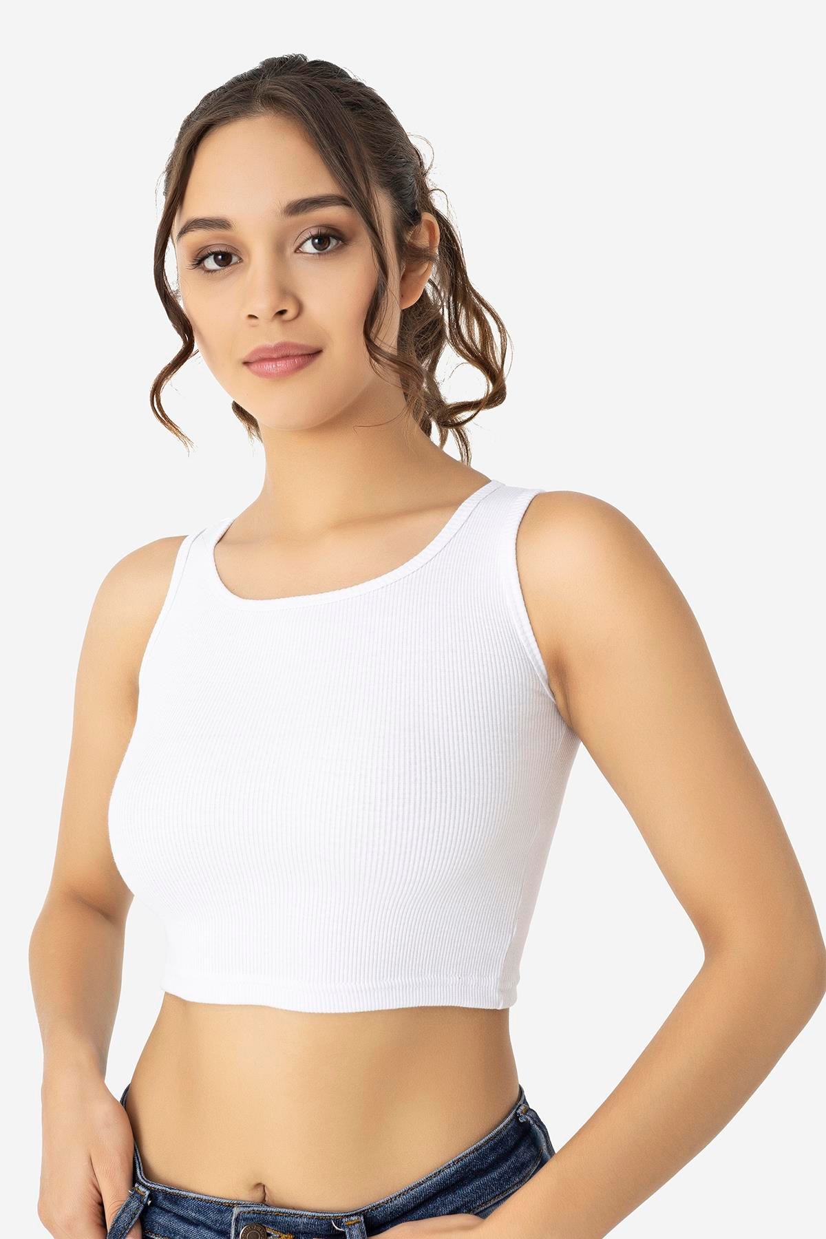 Kadın Pamuklu Fitilli Halter Yaka Kalın Askılı Crop Beyaz