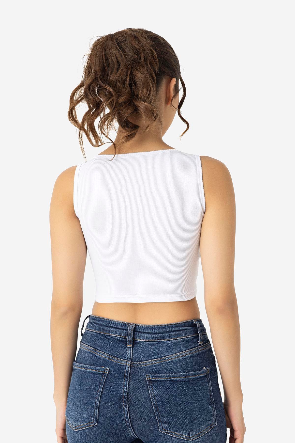 Kadın Pamuklu Fitilli Halter Yaka Kalın Askılı Crop Beyaz