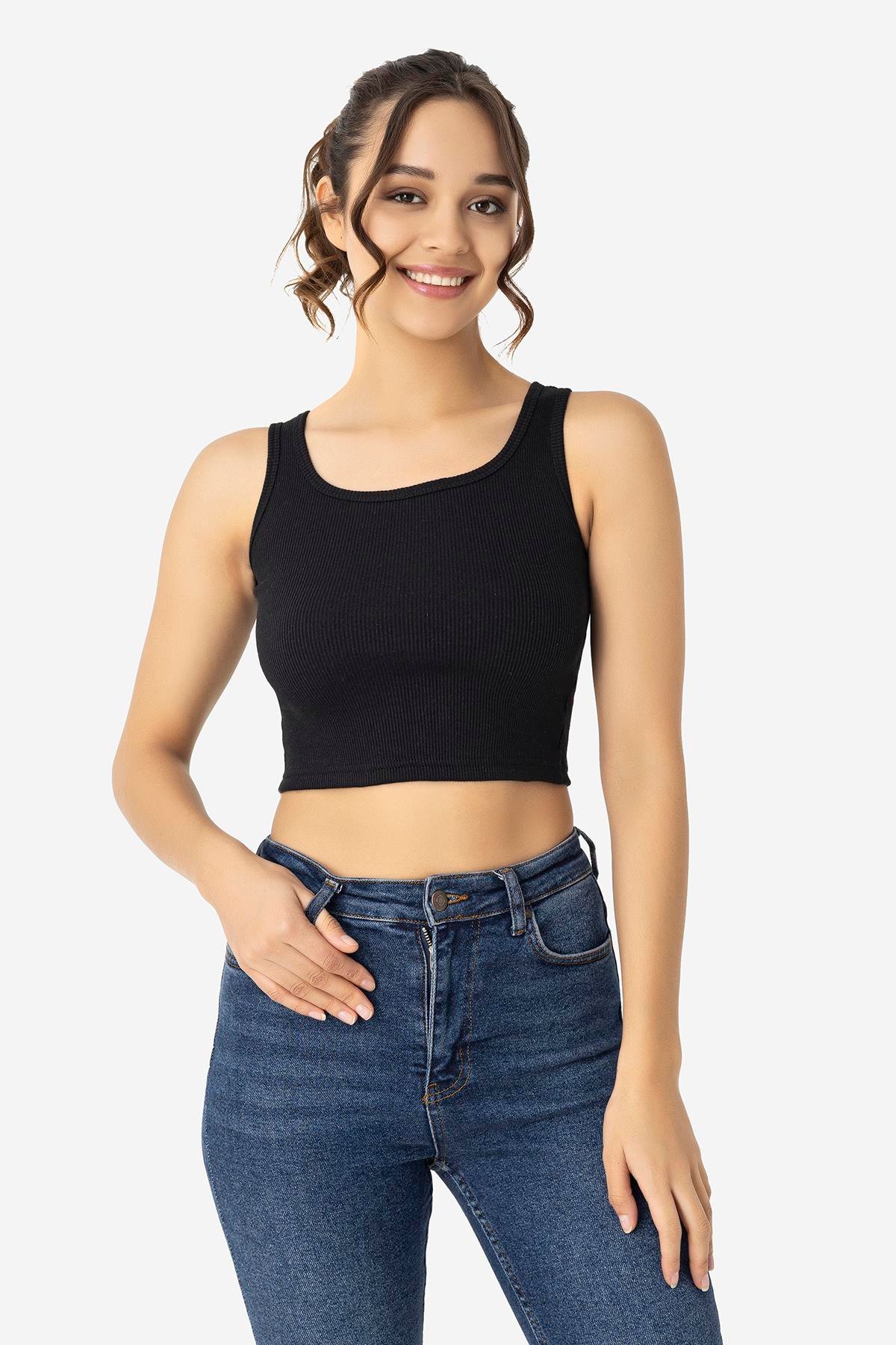 Kadın Pamuklu Kaşkorse Bisiklet Yaka Kalın Askılı Crop Beyaz Siyah 2'li Paket