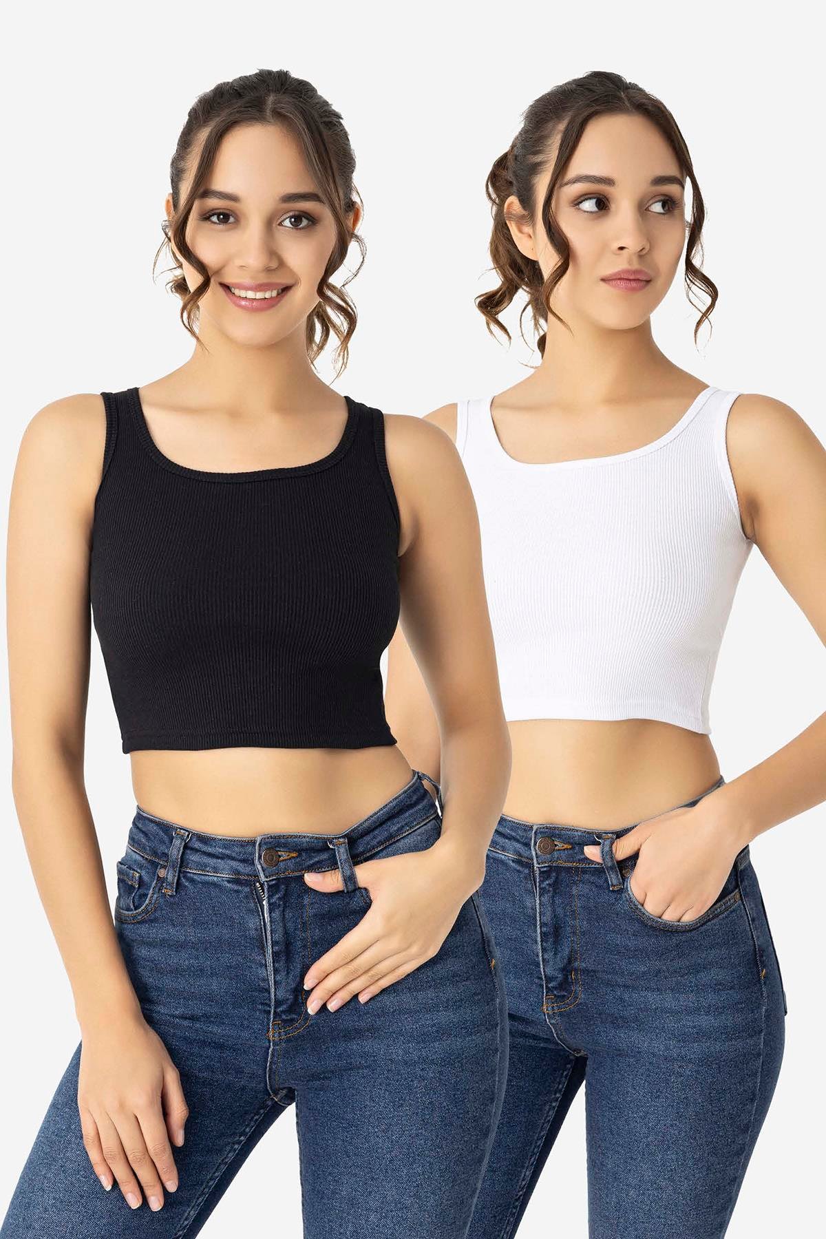 Kadın Pamuklu Kaşkorse Bisiklet Yaka Kalın Askılı Crop Beyaz Siyah 2'li Paket