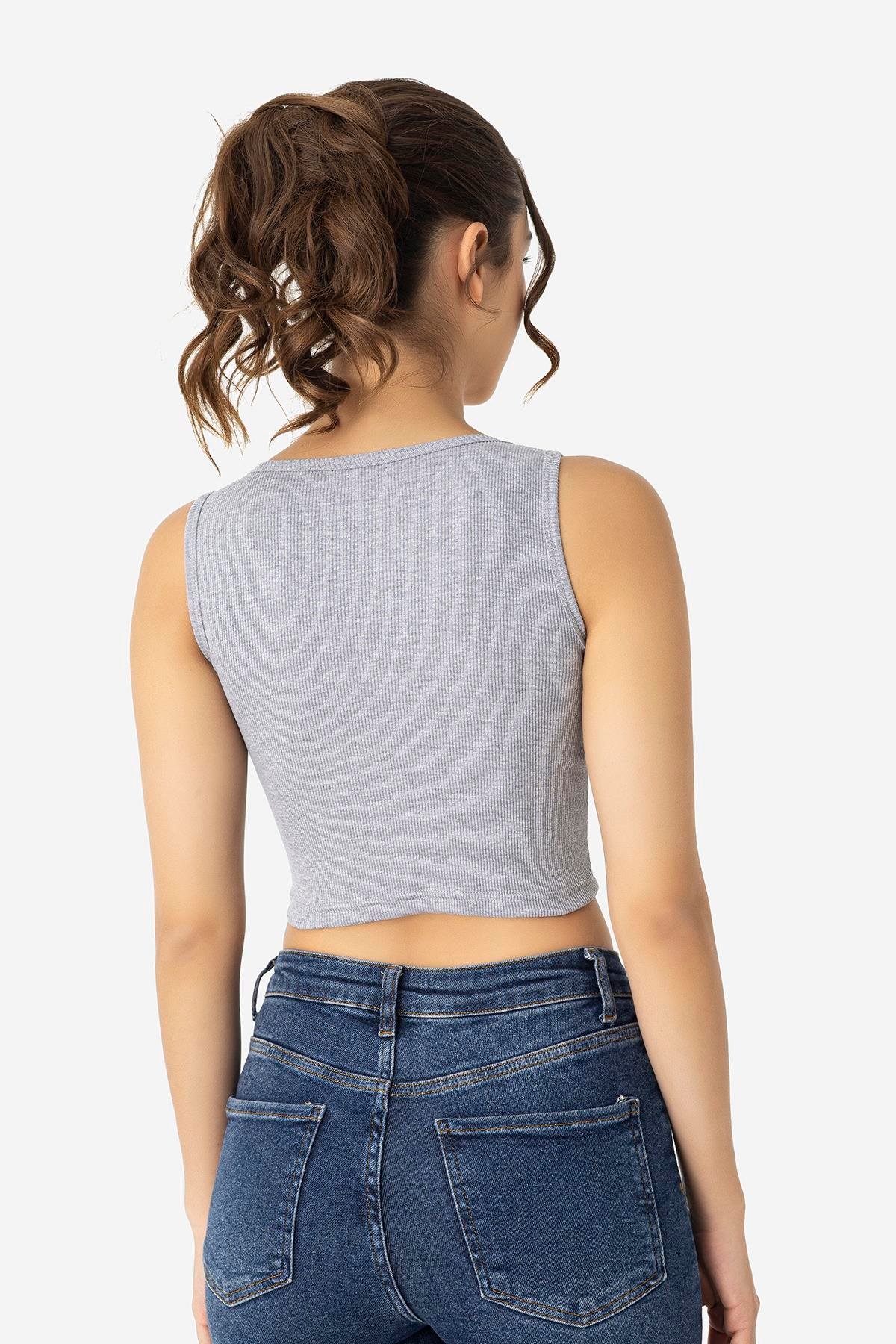Kadın Pamuklu Kaşkorse Halter Yaka Kalın Askılı Crop Beyaz Siyah Gri 3'lü Paket