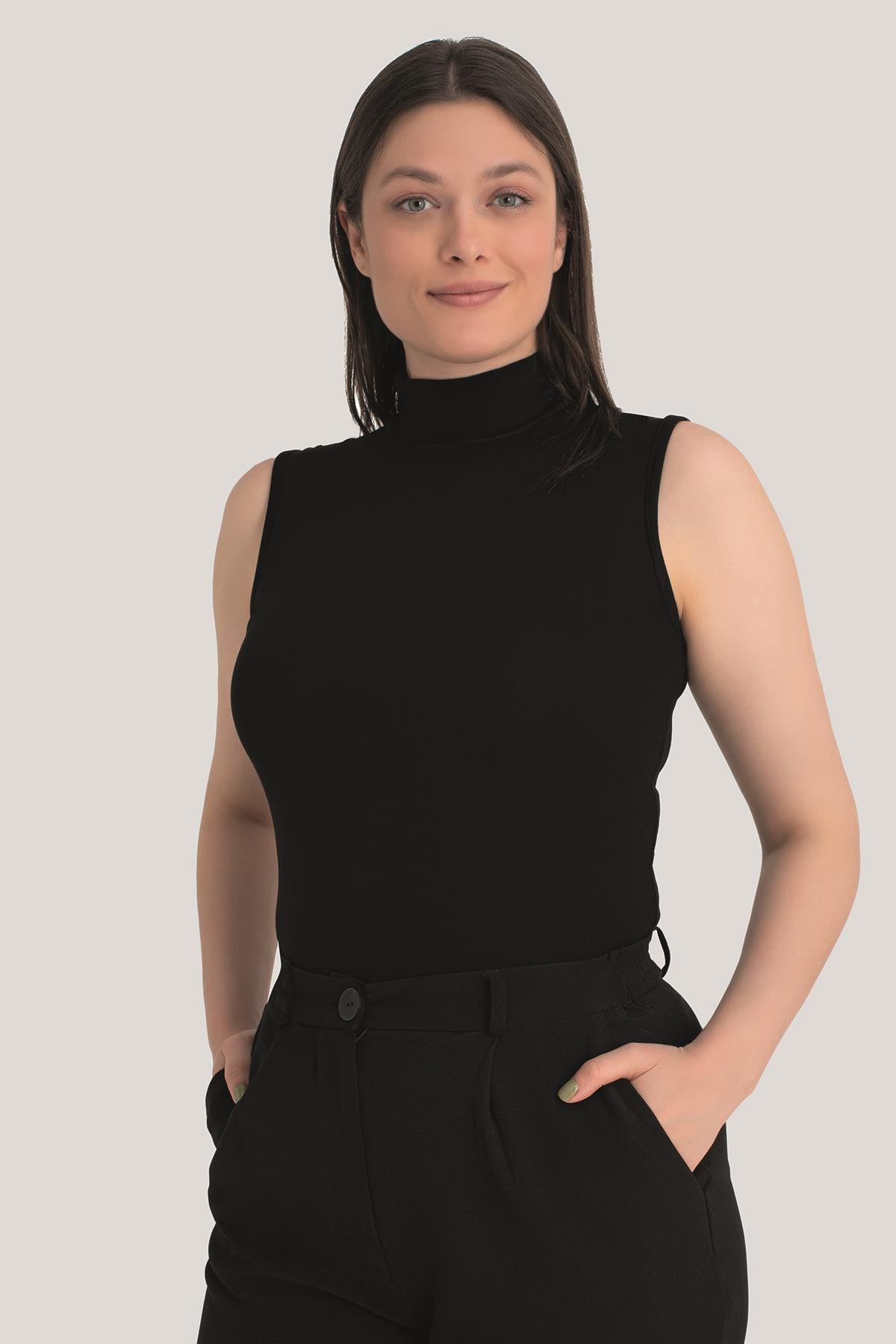 Kadın Siyah Balıkçı Yaka 2'li Kolsuz Body