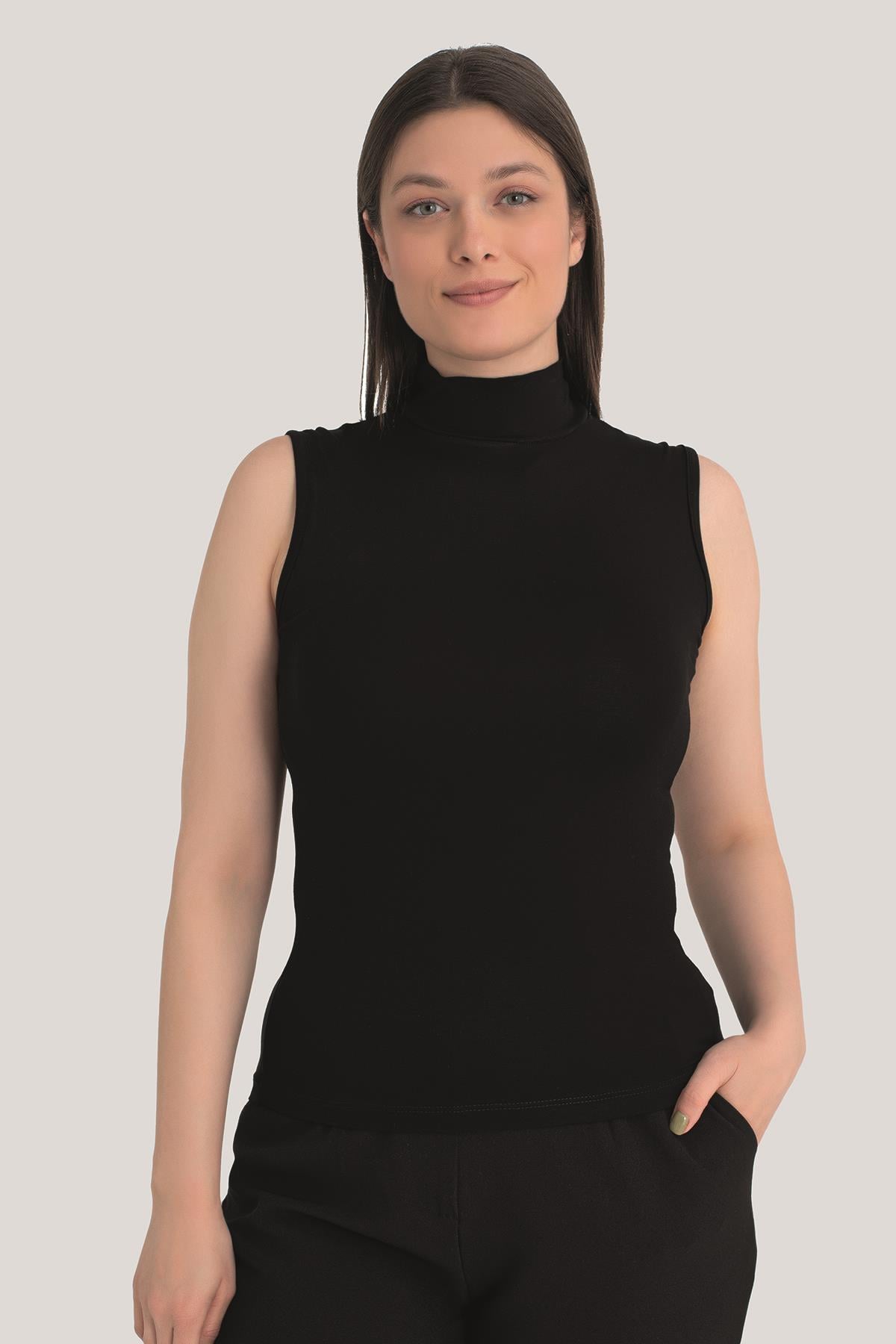 Kadın Siyah Balıkçı Yaka 2'li Kolsuz Body