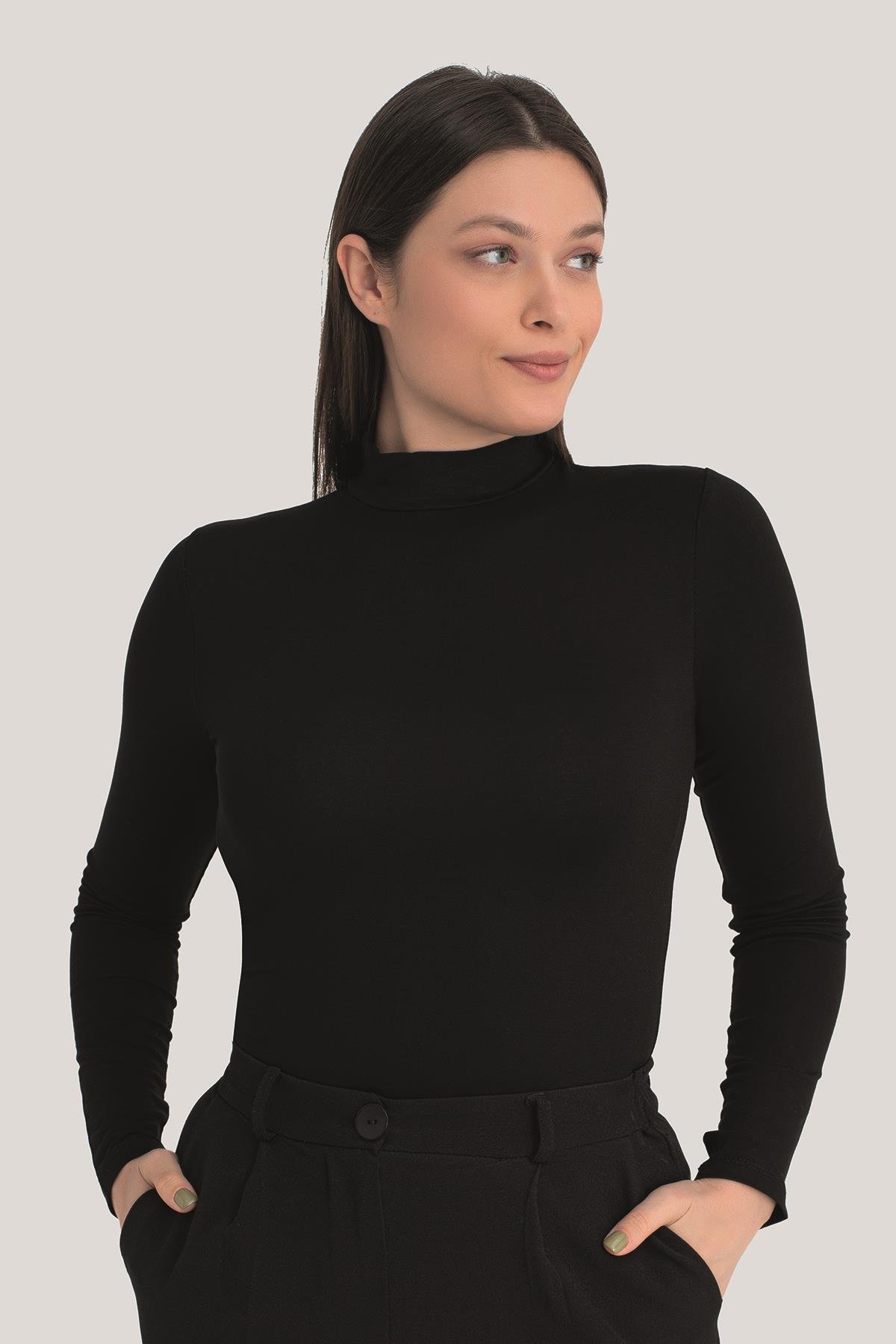 Kadın Siyah Balıkçı Yaka Uzun Kollu Body 3 Adet