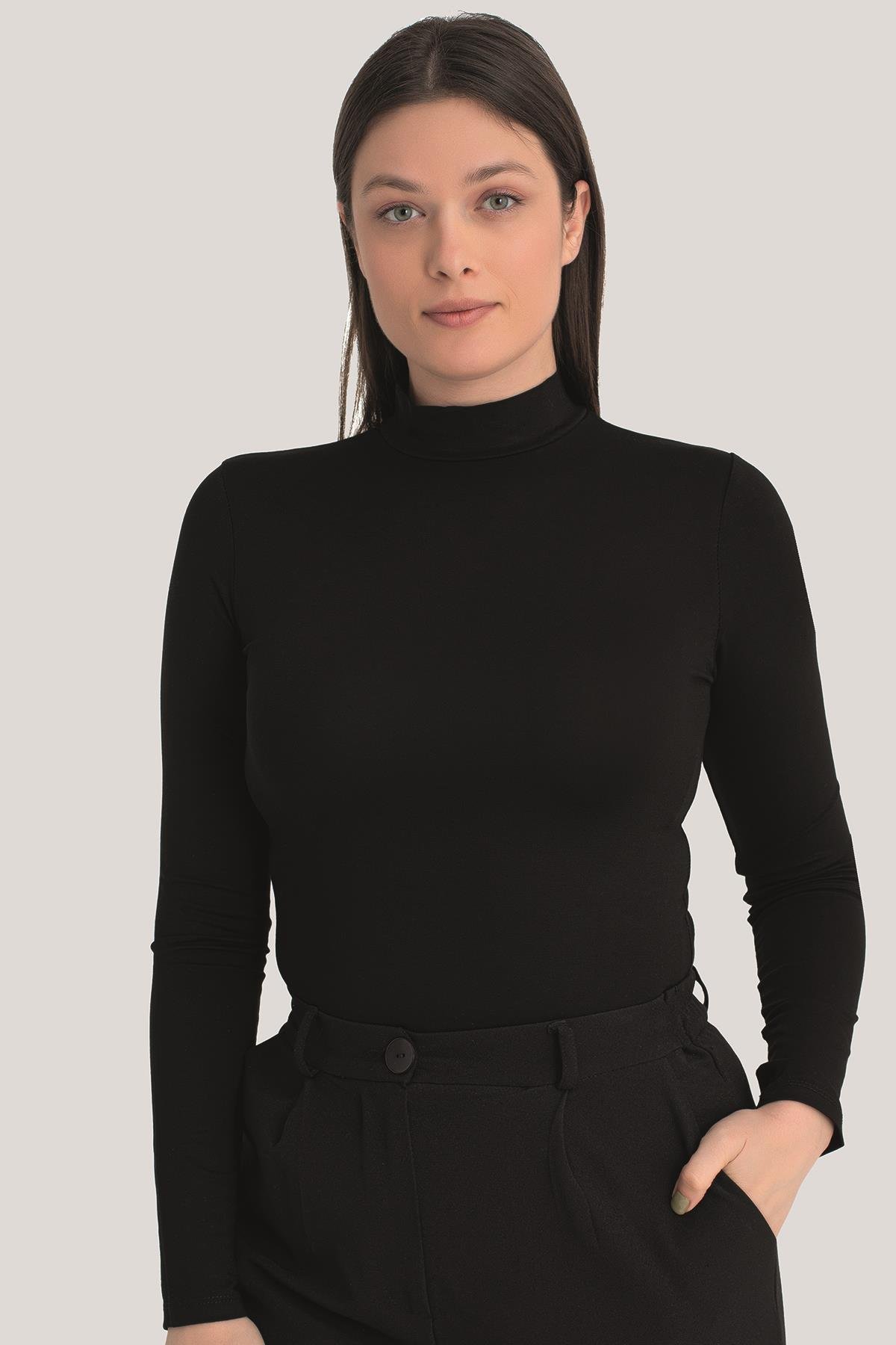 Kadın Siyah Balıkçı Yaka Uzun Kollu Body 3 Adet