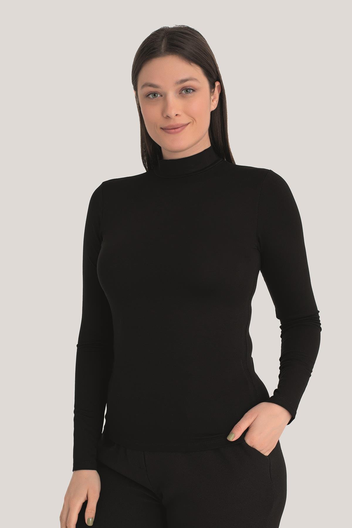 Kadın Siyah Balıkçı Yaka Uzun Kollu Body 3 Adet