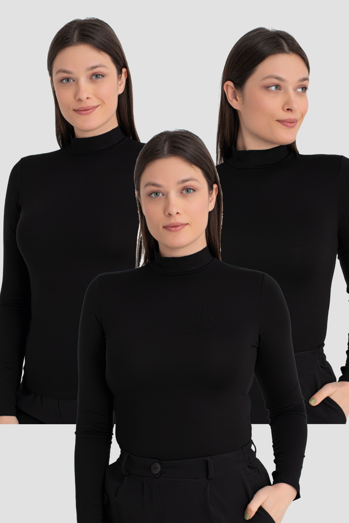 Kadın Siyah Balıkçı Yaka Uzun Kollu Body 3 Adet