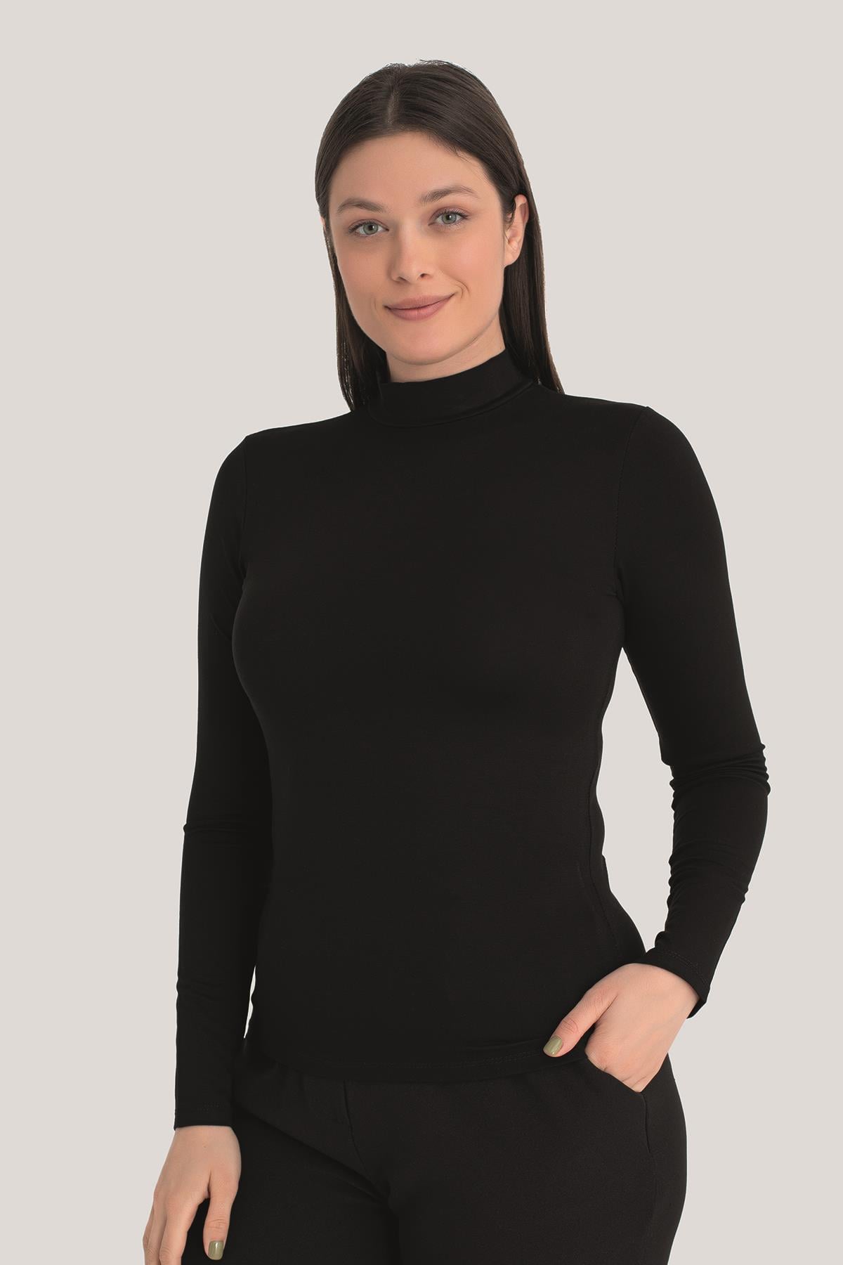 Kadın Siyah Balıkçı Yaka Uzun Kollu Body 2'li Paket