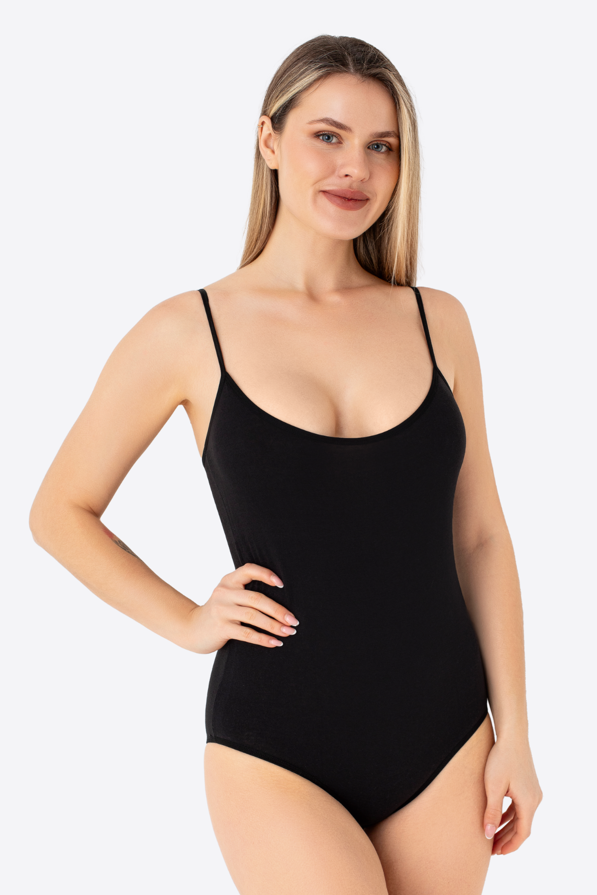 Kadın Siyah İp Askılı Çıtçıtlı Atlet Body Zıbın Pamuklu Likralı 2'li Paket