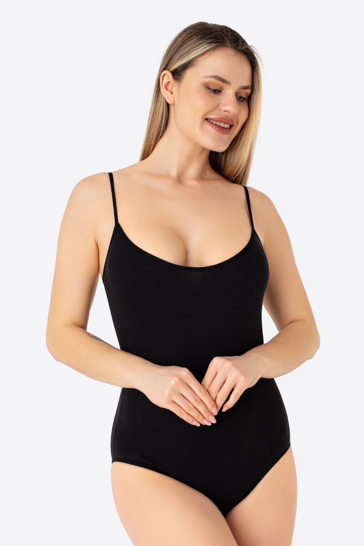 Kadın Siyah İp Askılı Çıtçıtlı Atlet Body Zıbın Pamuklu Likralı 2'li Paket