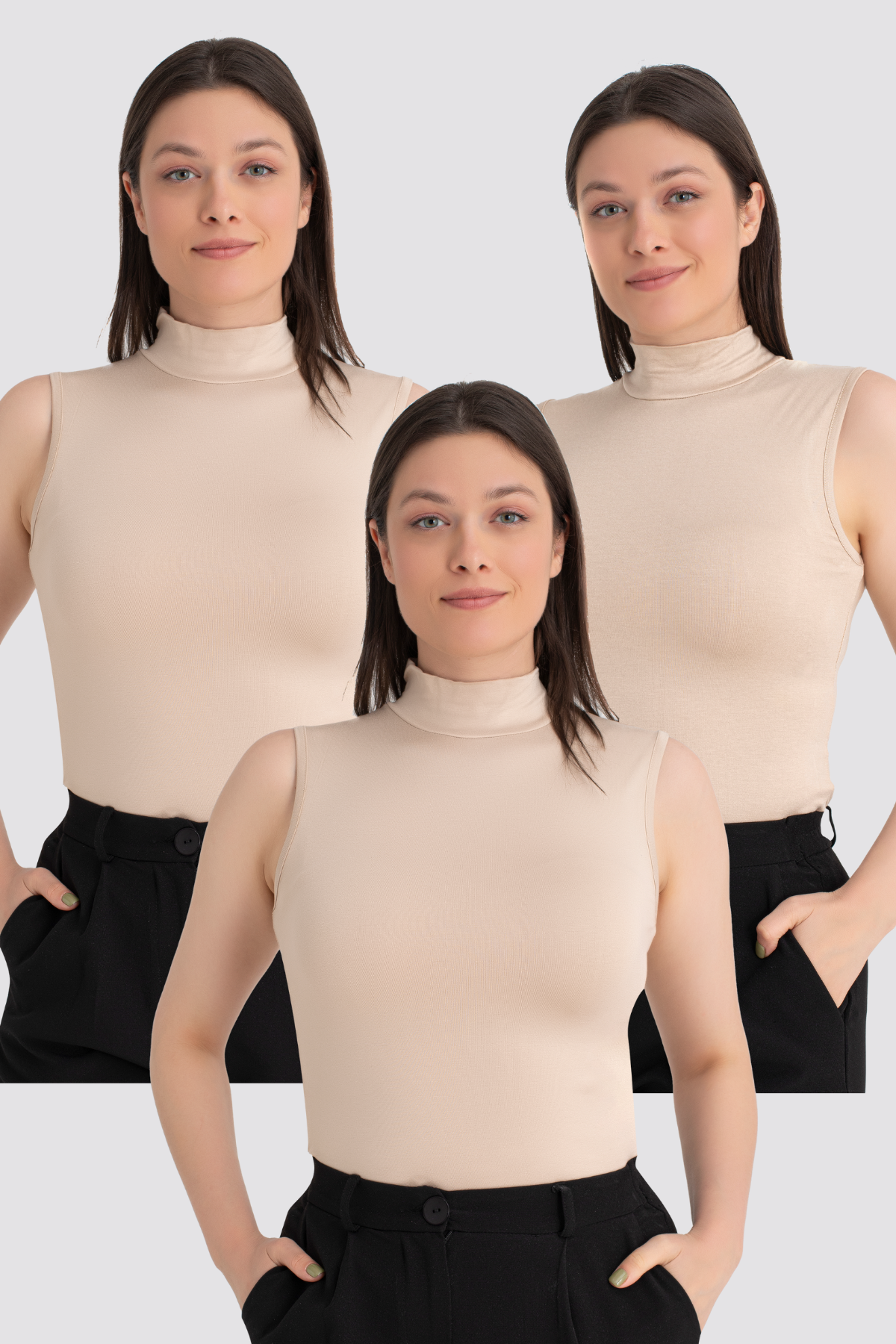 Kadın Ten Balıkçı Yaka Kolsuz Body 3'lü Paket