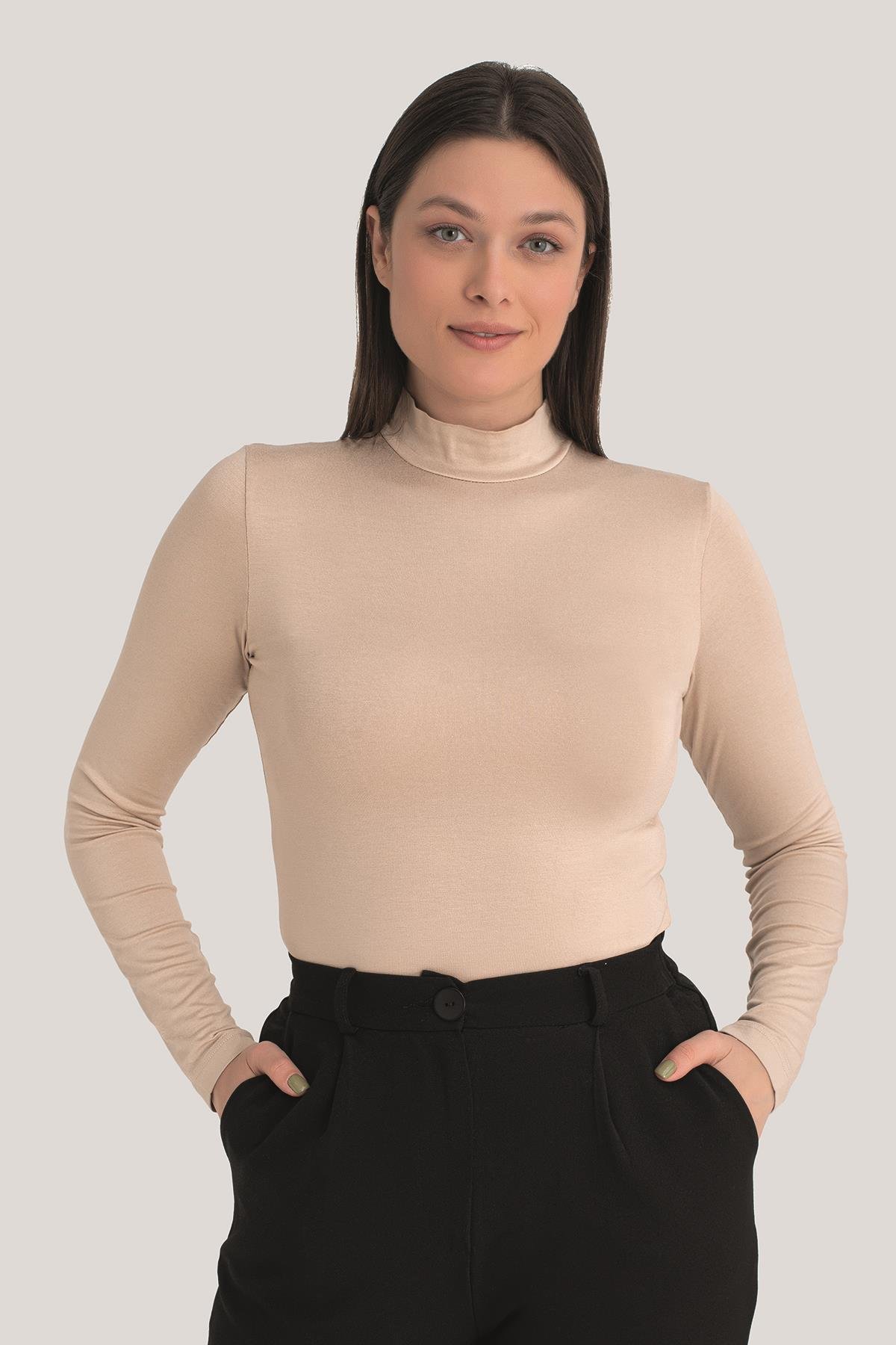 Kadın Ten Balıkçı Yaka Uzun Kollu Body 2'li Paket