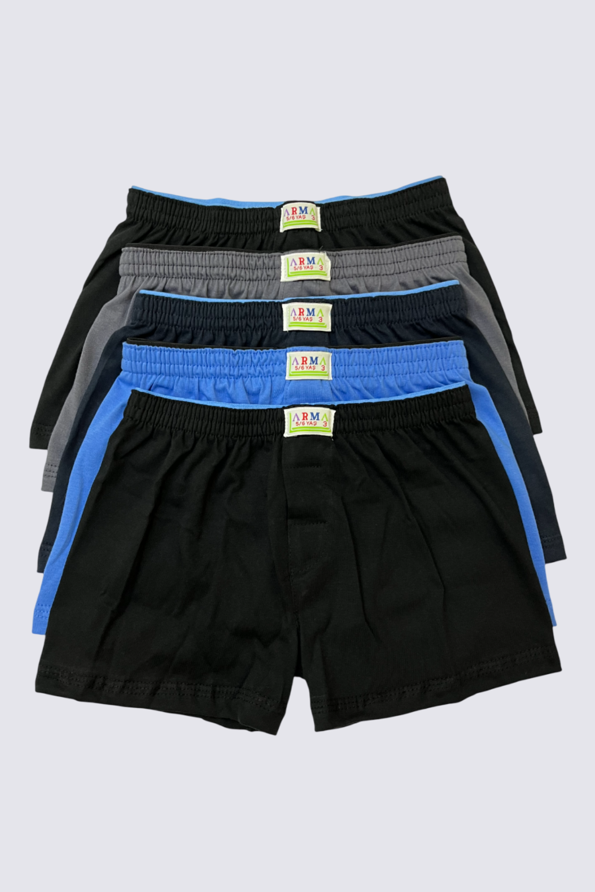 Karışık Renkli Erkek Çocuk Boxer 5'li Paket Düz Klasik Rahat Kesim %100 Pamuklu