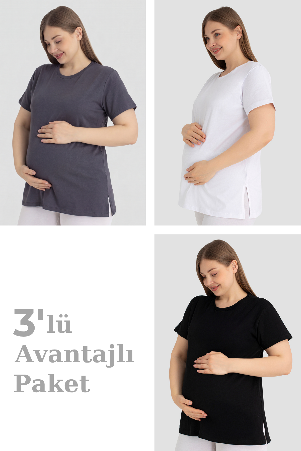 Pamuklu Kısa Kollu Hamile Tişört 3'lü Paket – Yumuşak ve Rahat Hamile Giyim