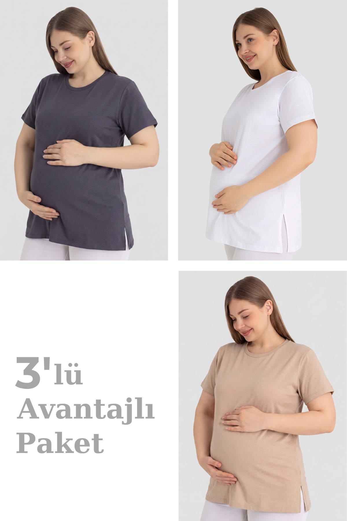 Pamuklu Kısa Kollu Hamile Tişört 3'lü Paket – Yumuşak ve Rahat Hamile Giyim
