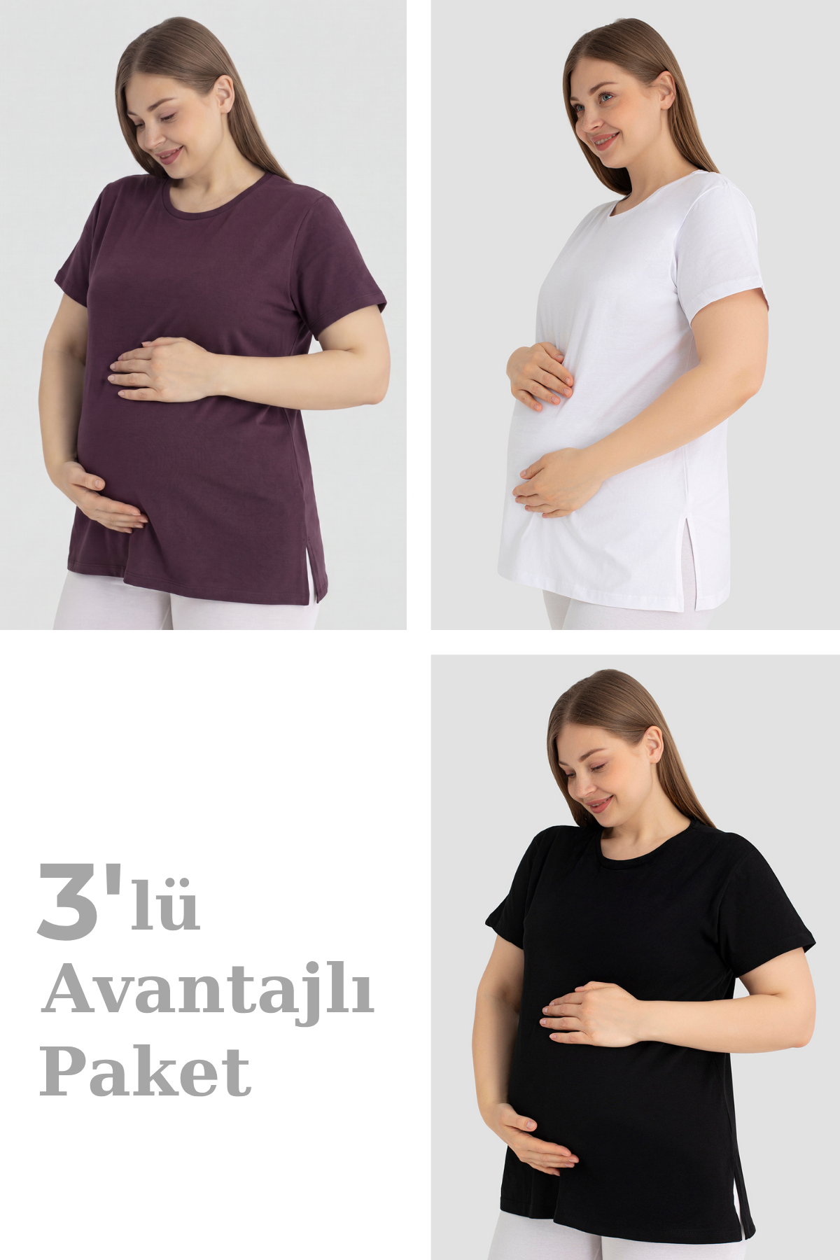Pamuklu Kısa Kollu Hamile Tişört 3'lü Paket – Yumuşak ve Rahat Hamile Giyim