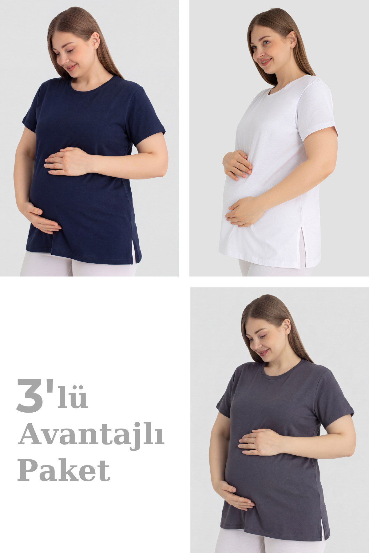 Pamuklu Kısa Kollu Hamile Tişört 3'lü Paket – Yumuşak ve Rahat Hamile Giyim