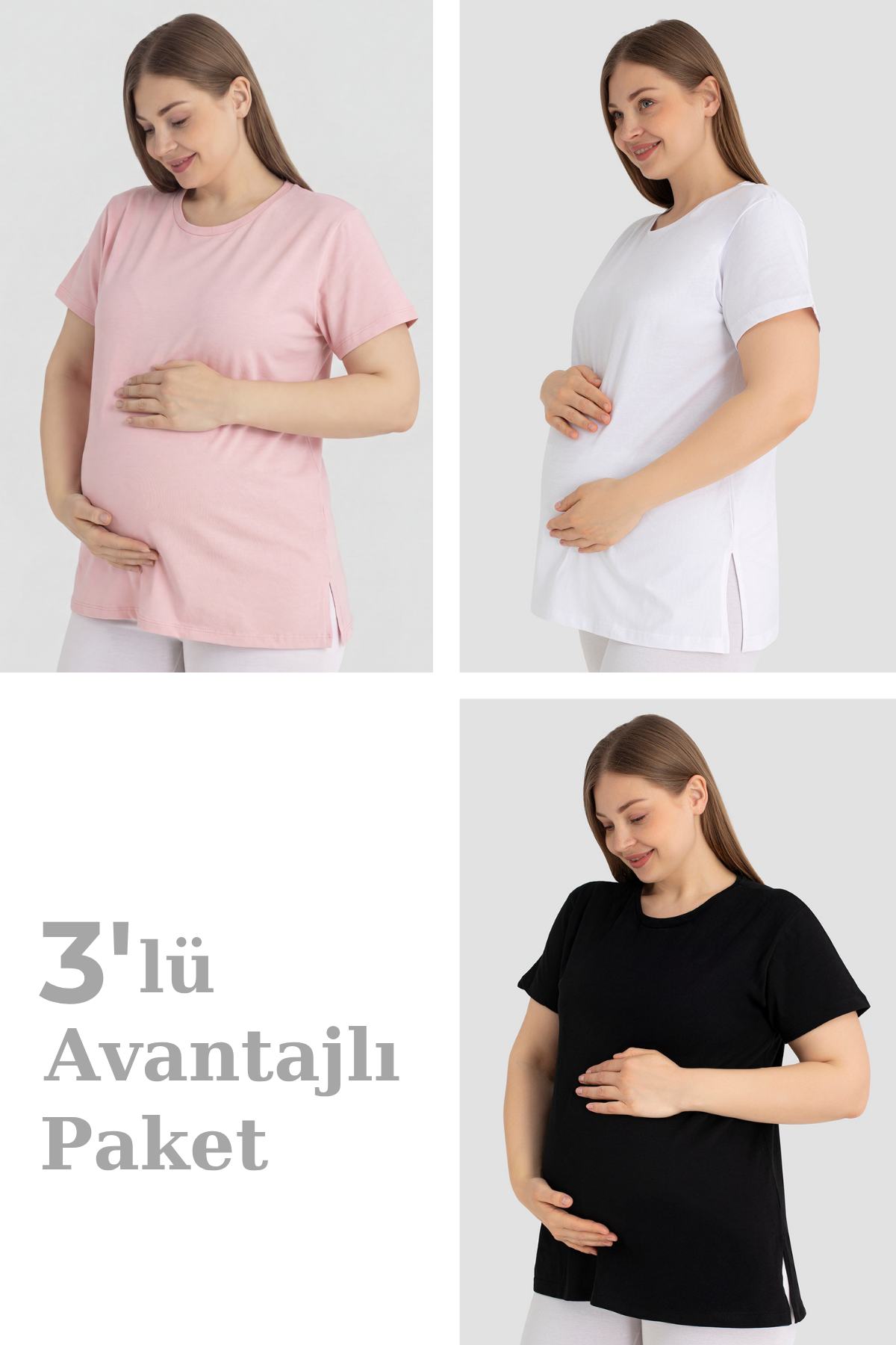Pamuklu Kısa Kollu Hamile Tişört 3'lü Paket – Yumuşak ve Rahat Hamile Giyim