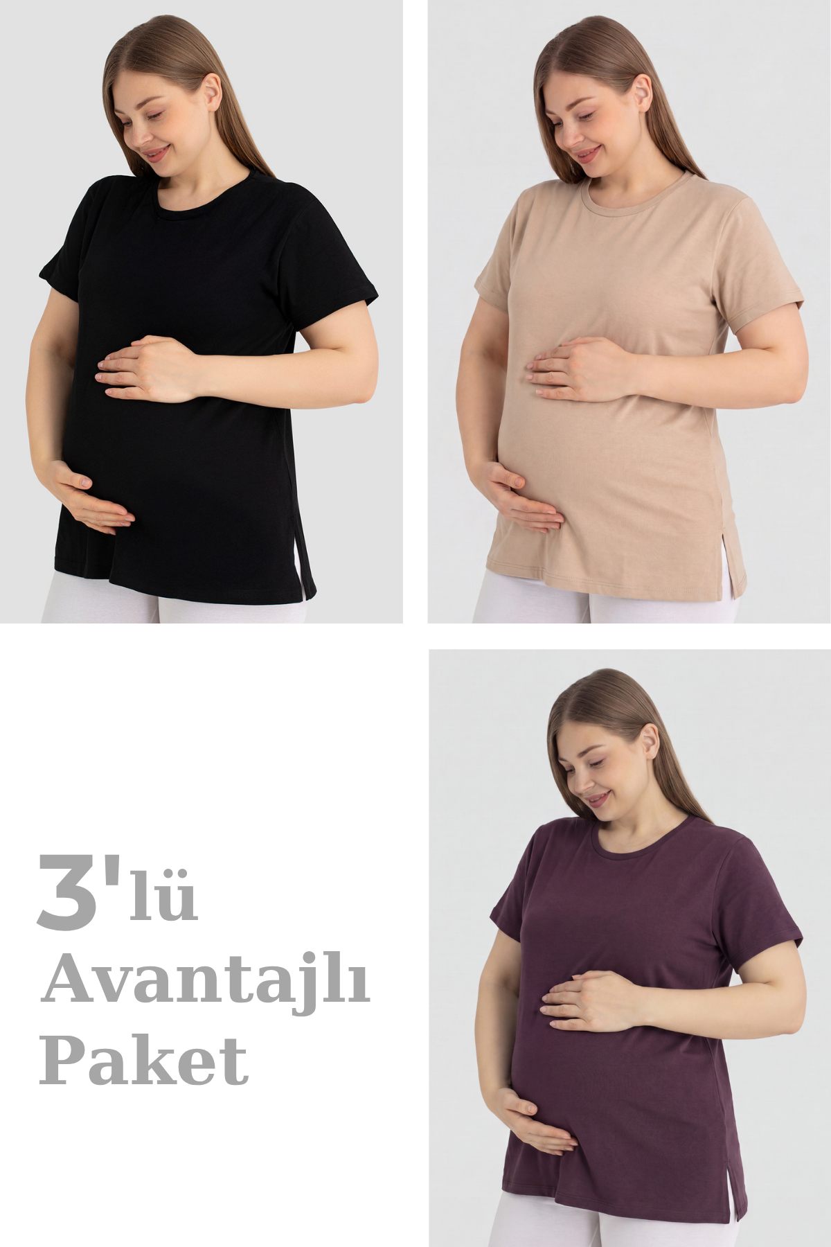 Pamuklu Kısa Kollu Hamile Tişört 3'lü Paket – Yumuşak ve Rahat Hamile Giyim