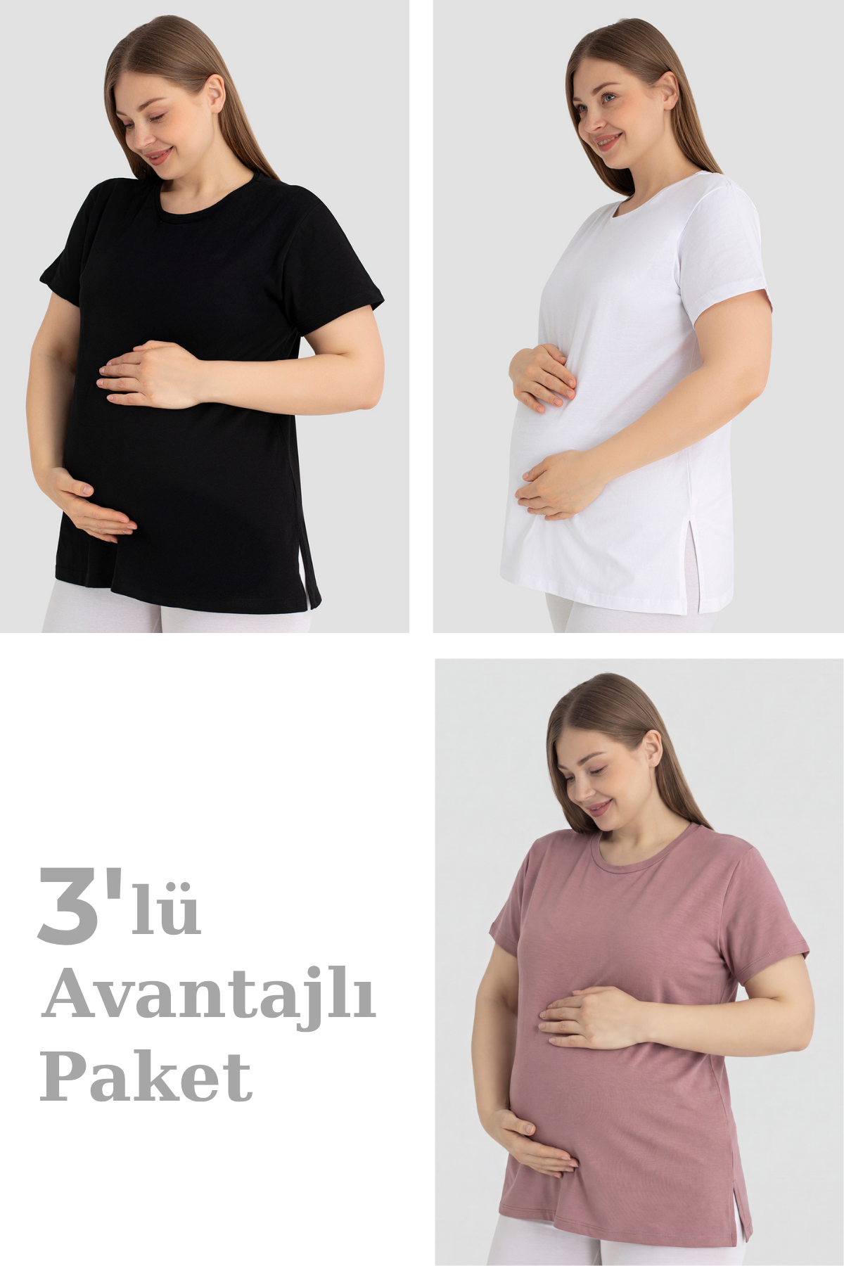 Pamuklu Kısa Kollu Hamile Tişört 3'lü Paket – Yumuşak ve Rahat Hamile Giyim