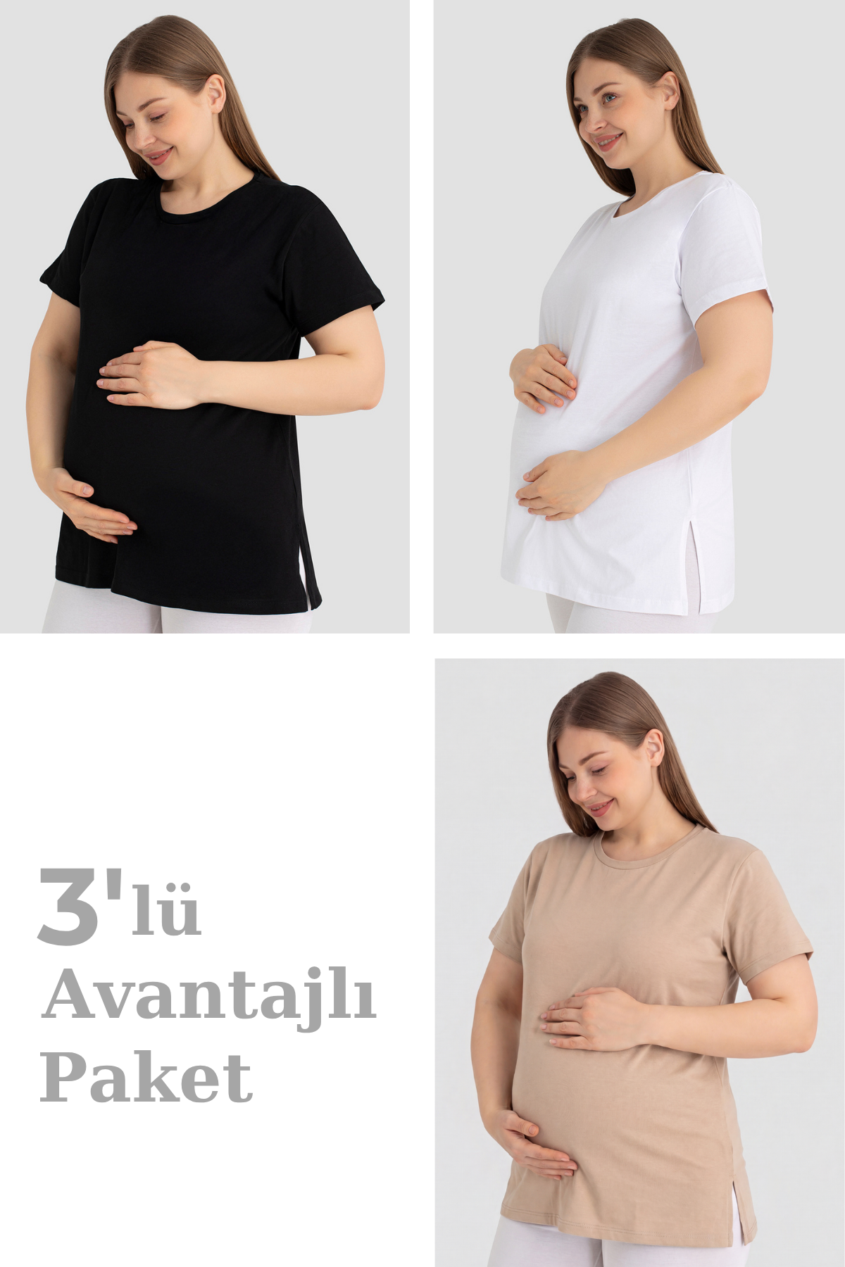 Pamuklu Kısa Kollu Hamile Tişört 3'lü Paket – Yumuşak ve Rahat Hamile Giyim