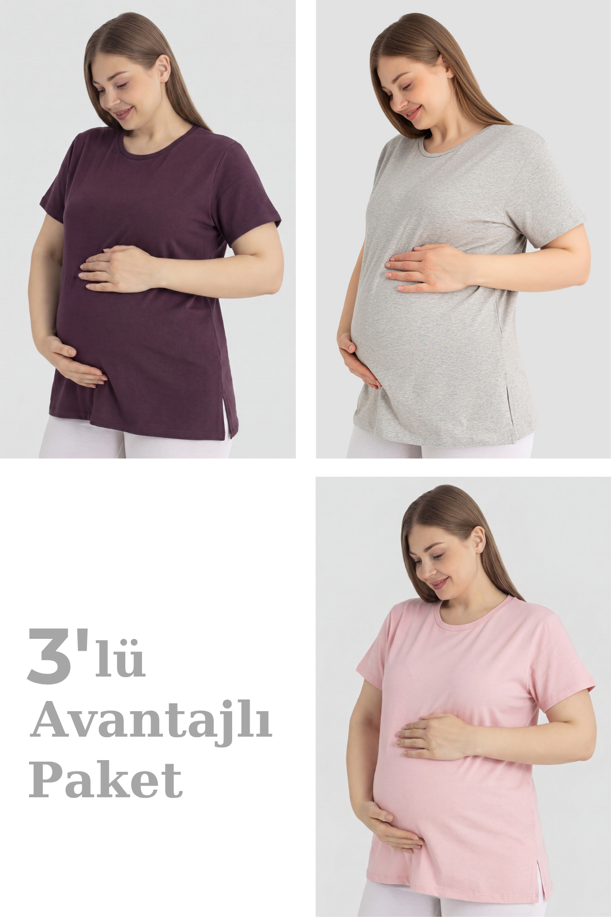 Pamuklu Kısa Kollu Hamile Tişört 3'lü Paket – Yumuşak ve Rahat Hamile Giyim