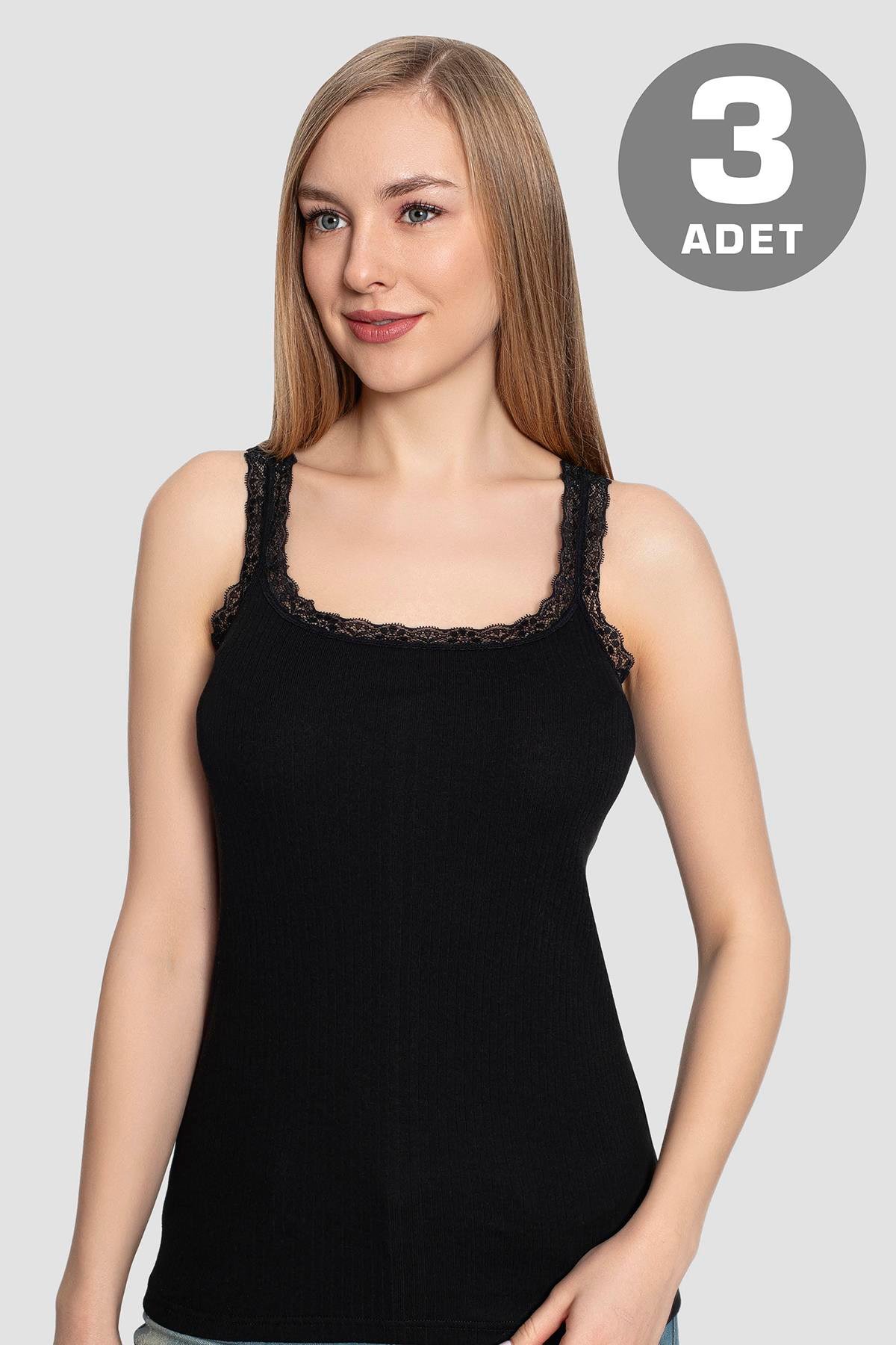Siyah 3'lü Paket Kadın İnce Askılı Dantelli Atlet %100 Pamuk
