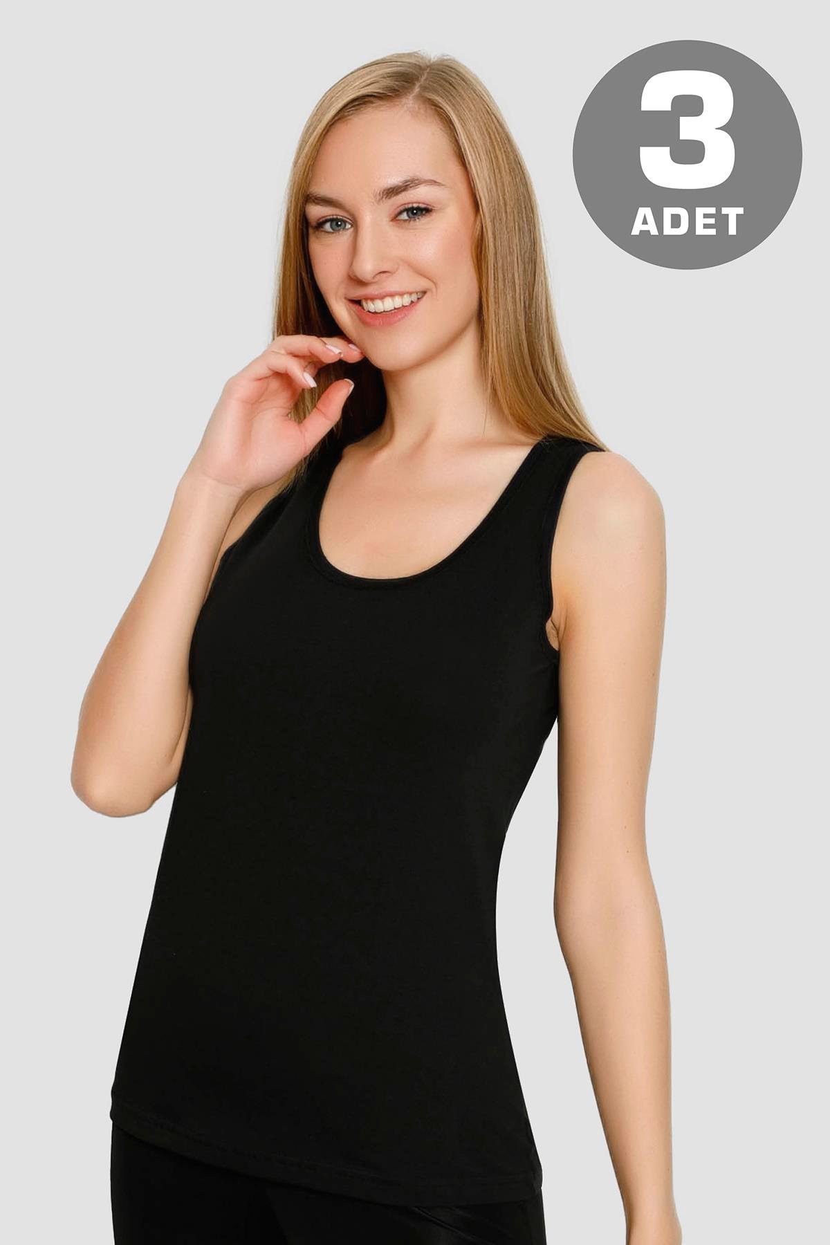 Siyah 3'ü Paket Kadın Kalın Askılı Likralı Atlet