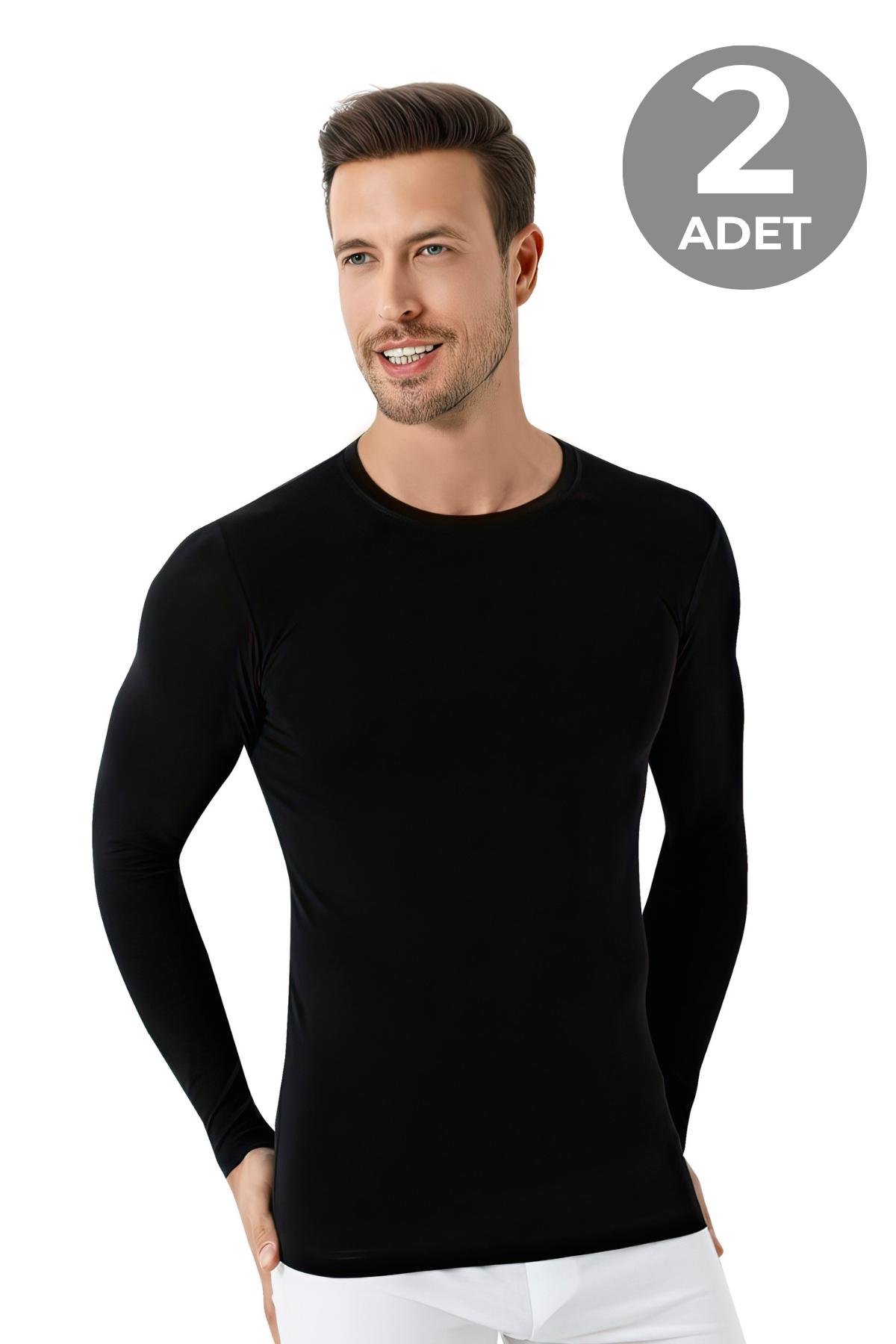 Siyah Erkek Regular Fit Bisiklet Yaka Uzun Kollu Tişört 2'li Paket %100 Pamuk