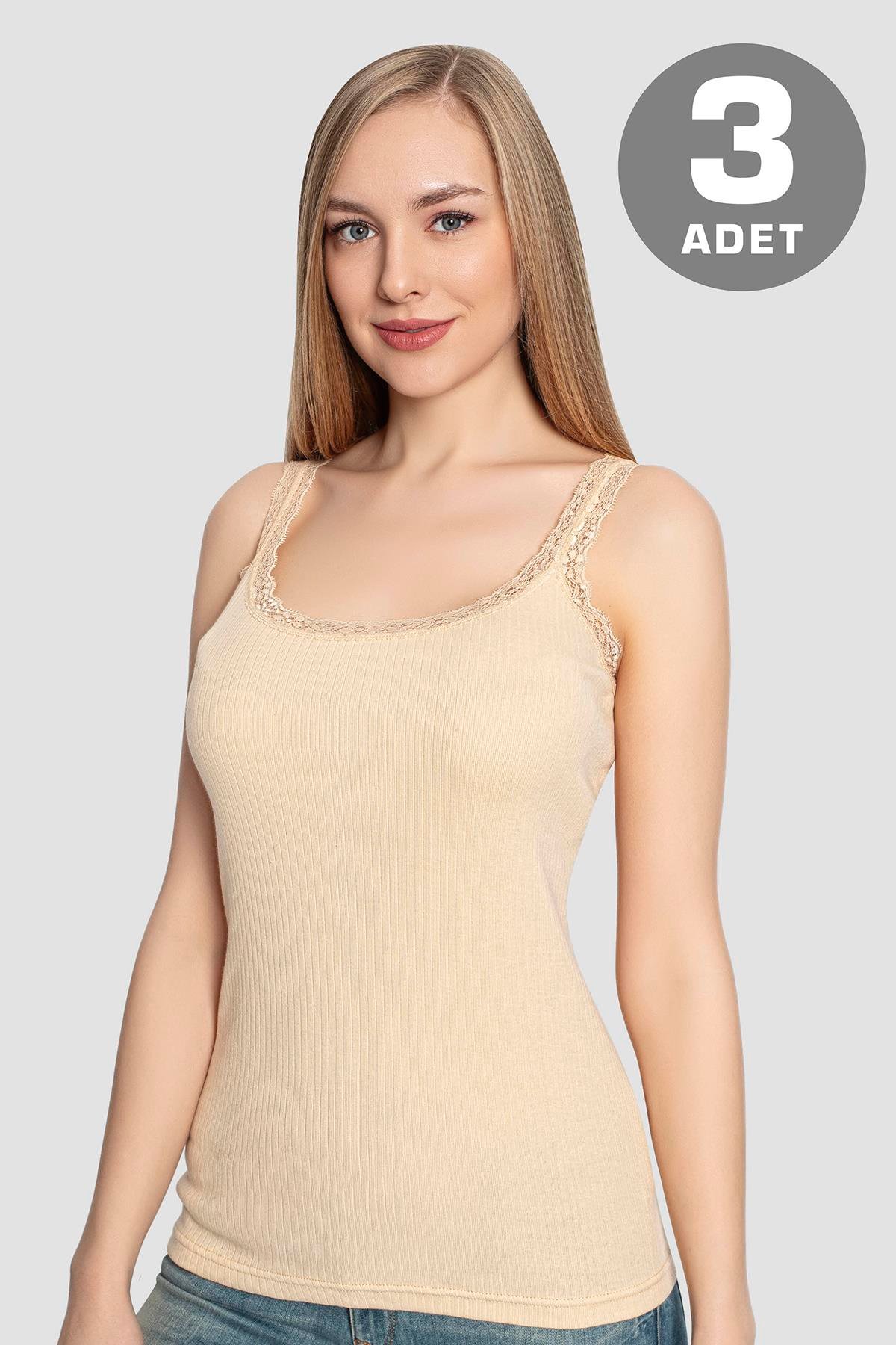 Ten Rengi 3'lü Paket Kadın İnce Askılı Dantelli Atlet %100 Pamuk