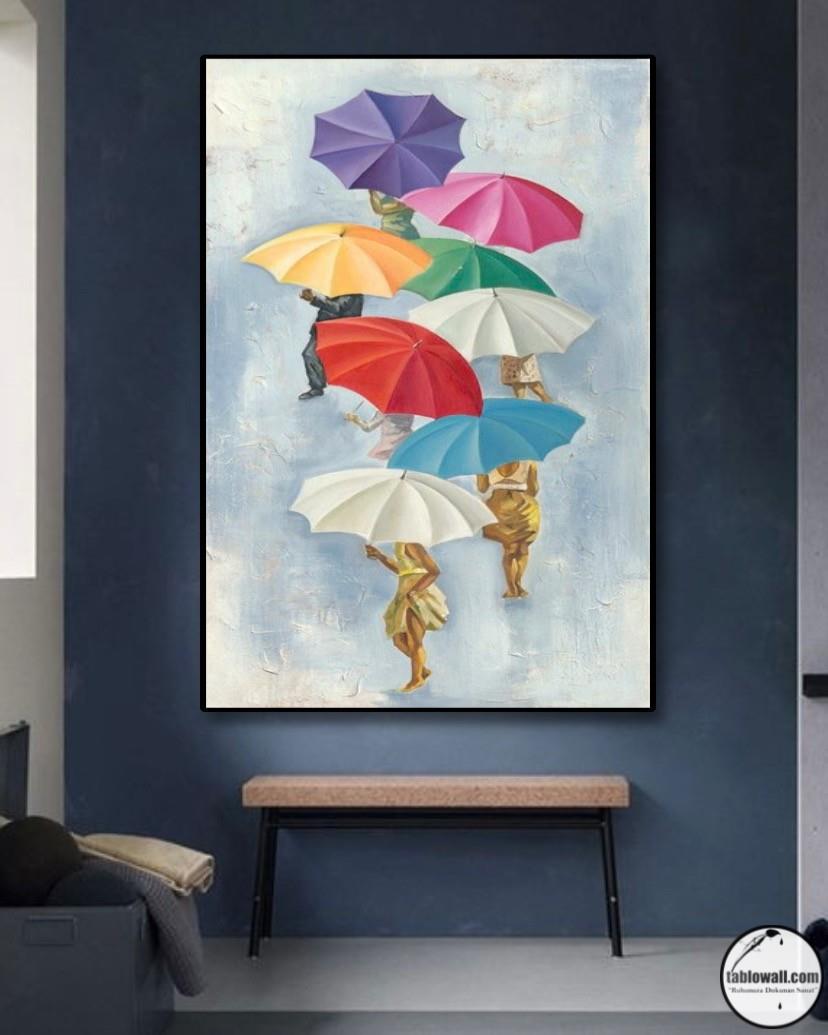 RENKLİ ŞEMSİYELER YAĞLI BOYA DOKULU TABLO