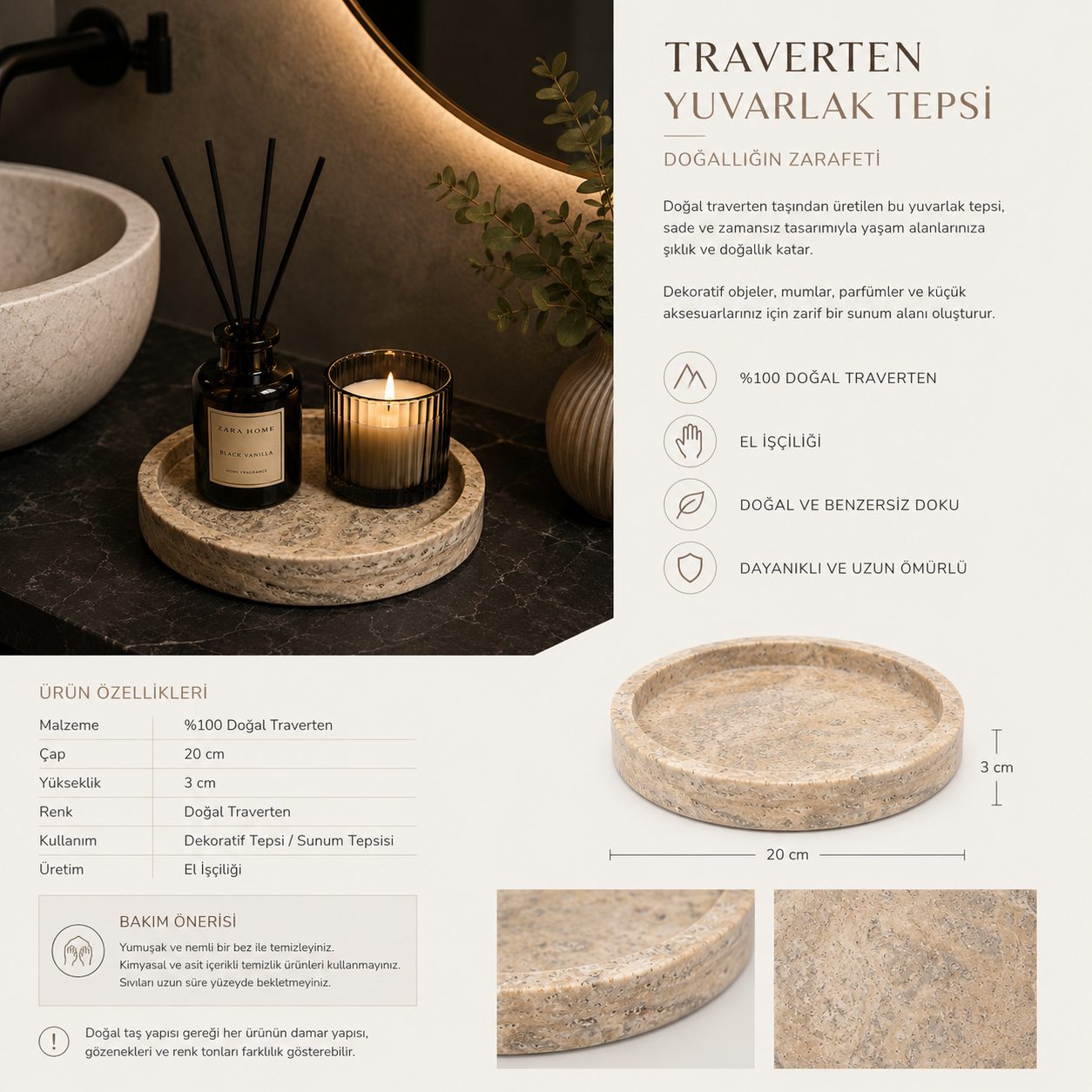 TRAVERTEN YUVARLAK TEPSİ - 20 CM