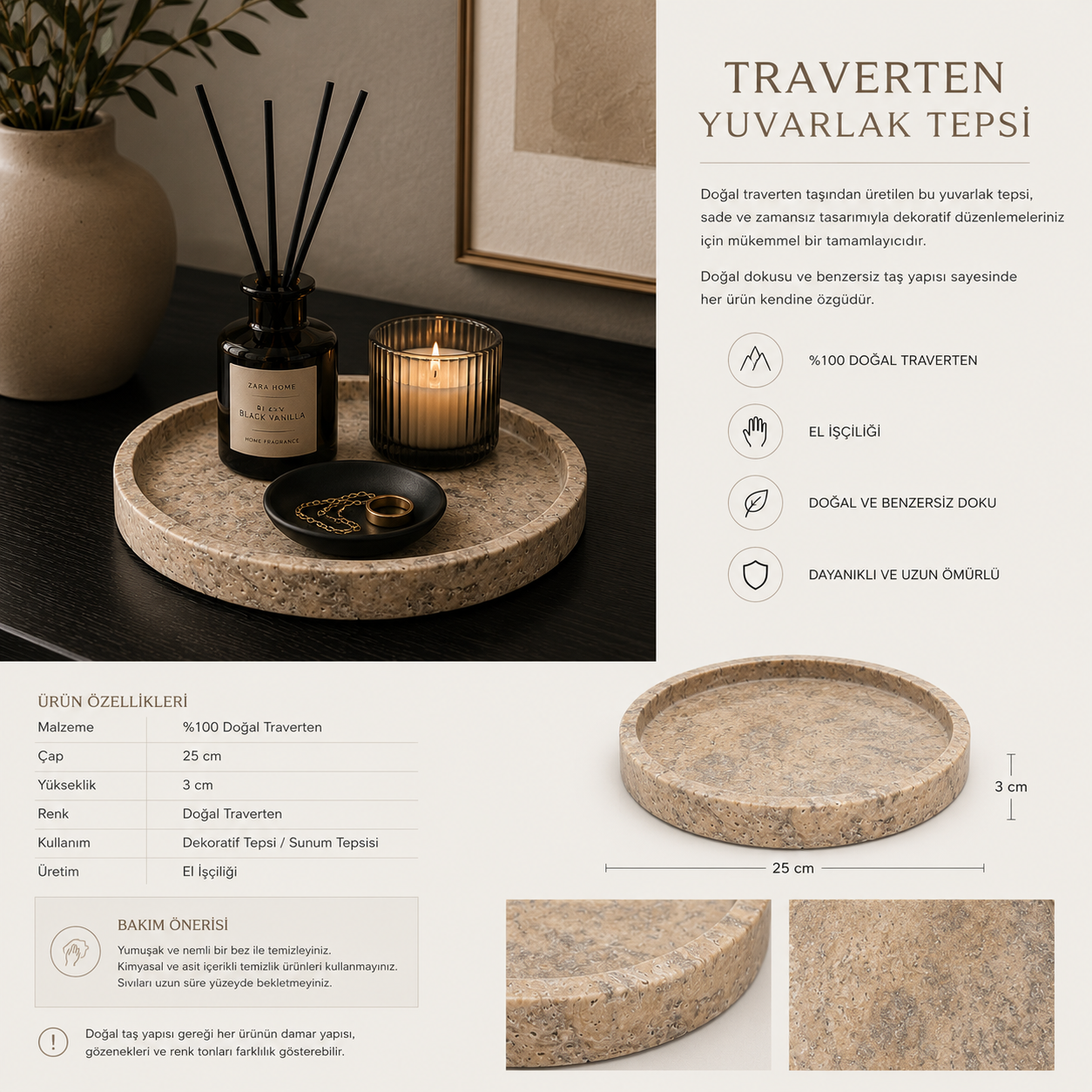 TRAVERTEN YUVARLAK TEPSİ - 25 CM