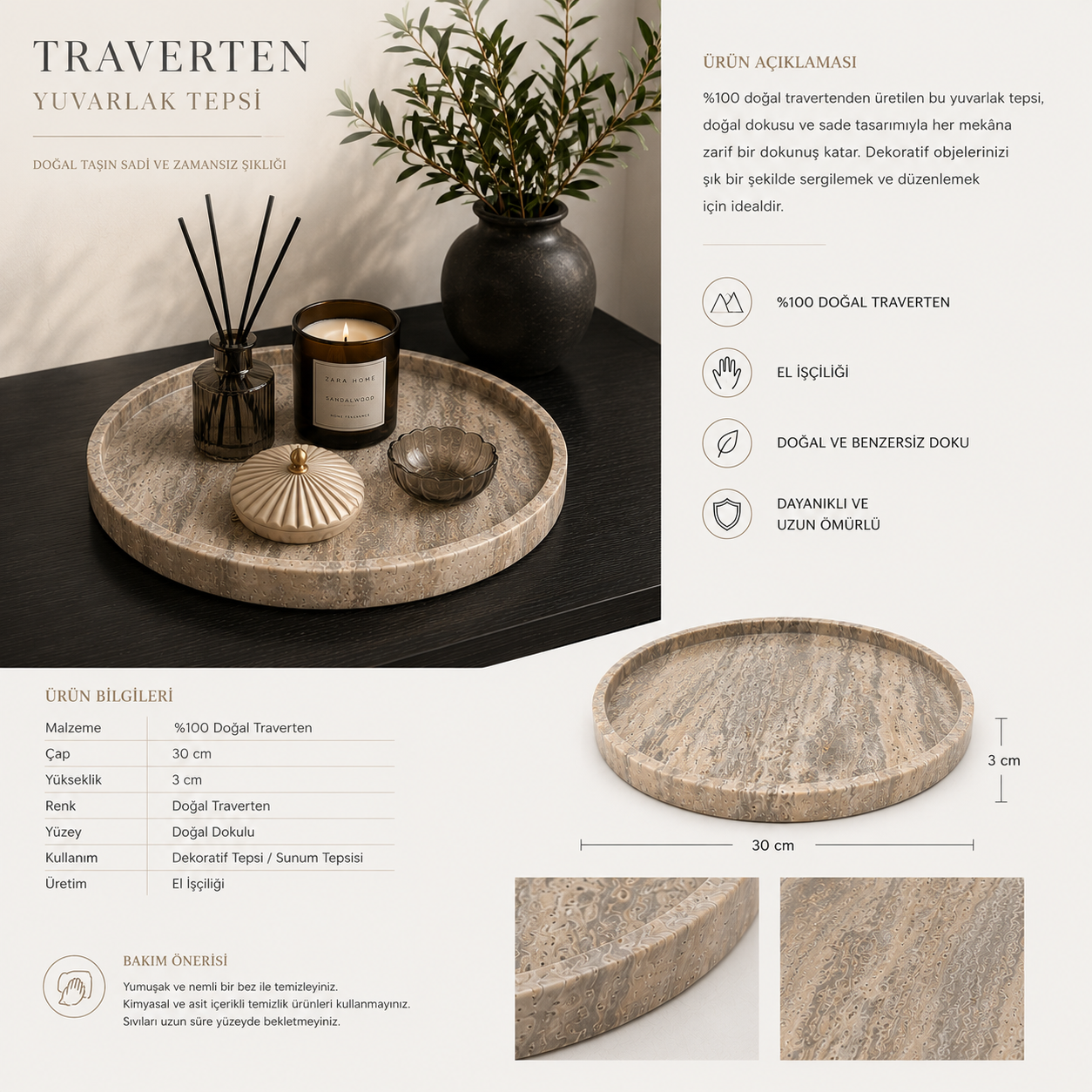 TRAVERTEN YUVARLAK TEPSİ - 30 CM