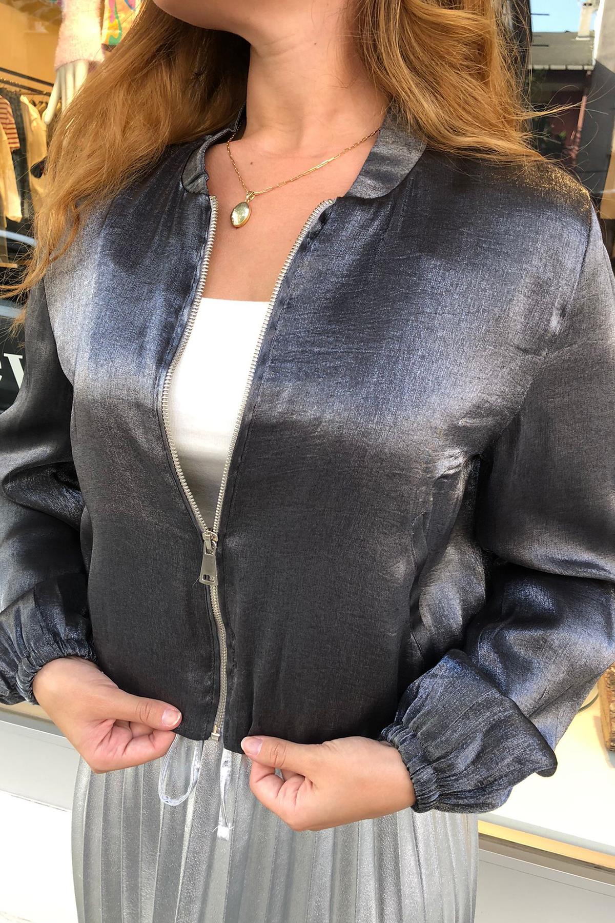 Parlak Kumaş Bomber Ceket