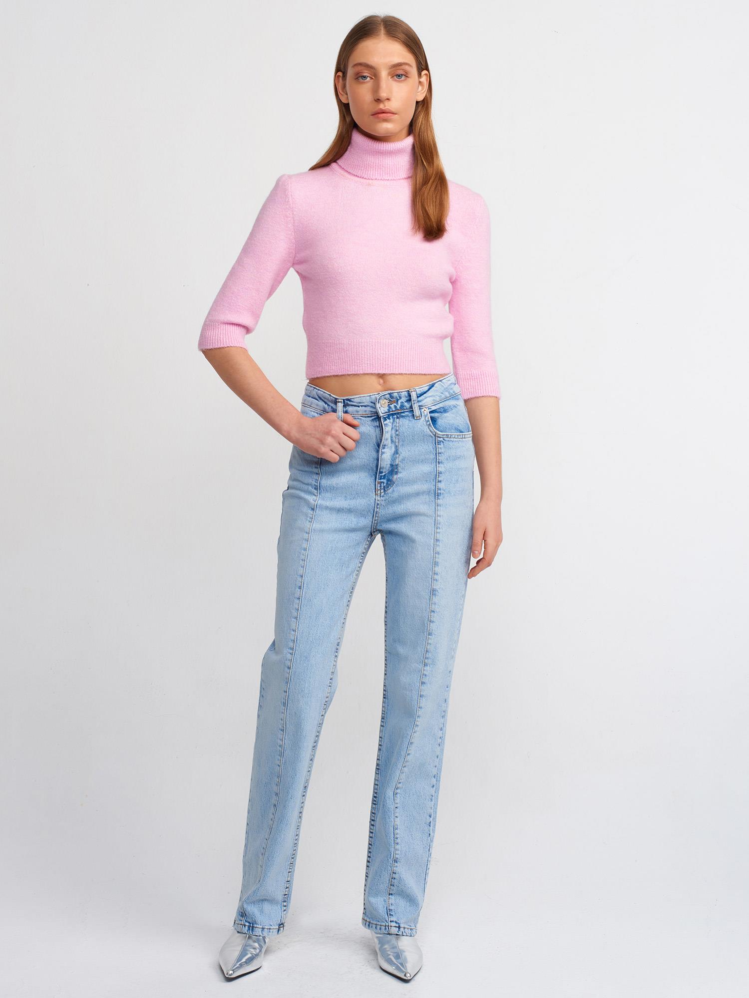 Pembe Balıkçı Yaka Kısa Kol Crop Kazak