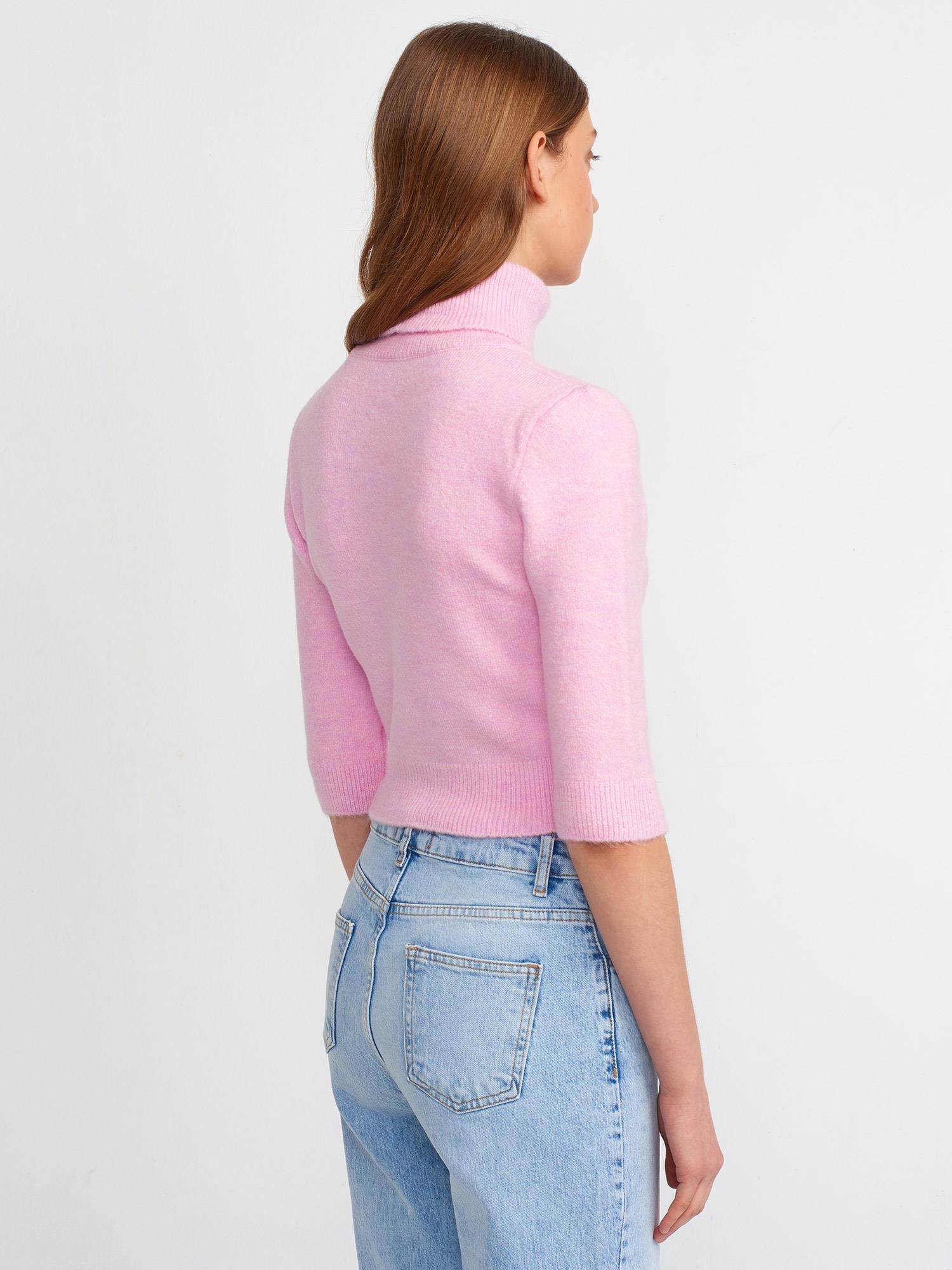 Pembe Balıkçı Yaka Kısa Kol Crop Kazak